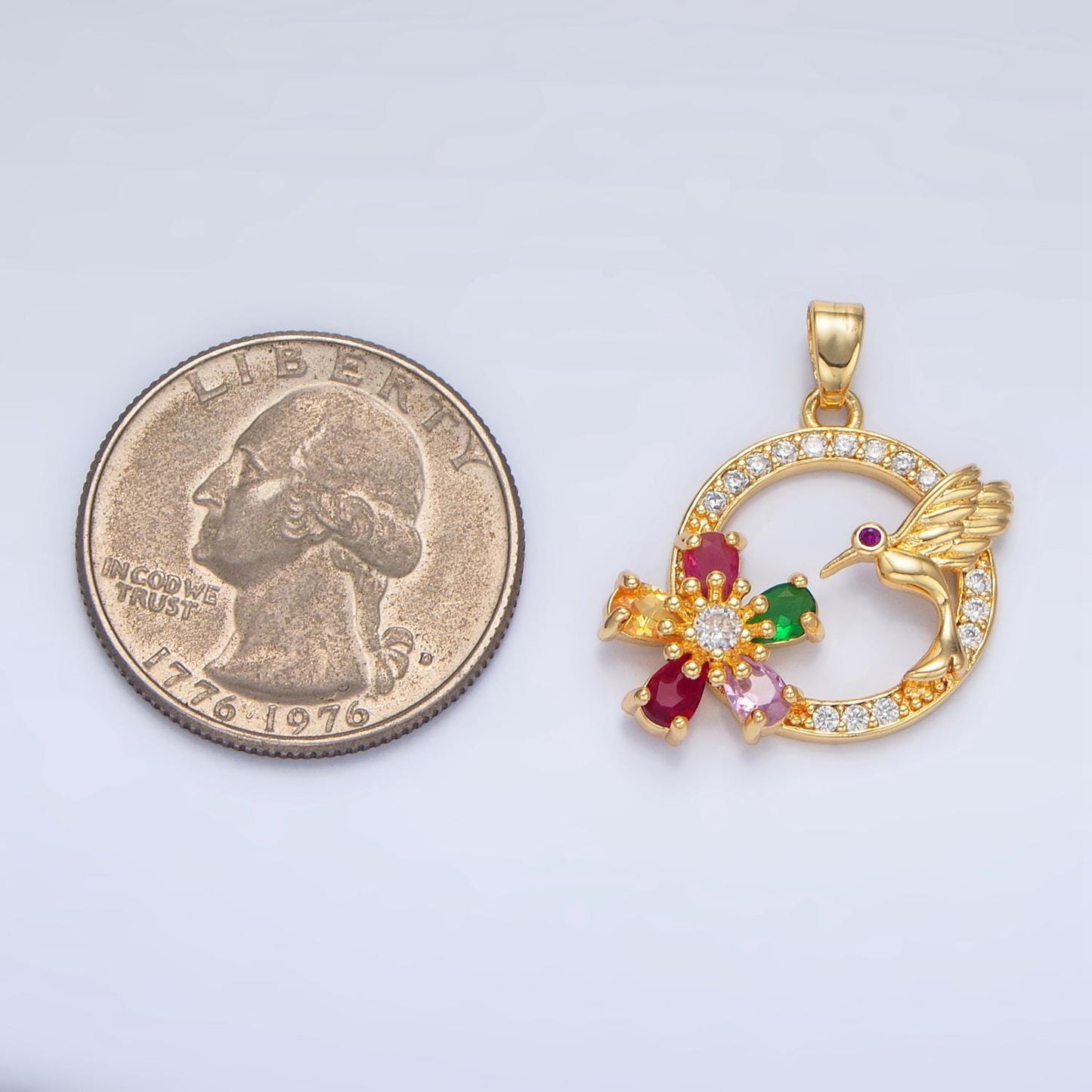 Cubic Gold Humming Bird Round Pendant Medallion Charms With CZ Flower Stones For Jewelry Making Supplies H848