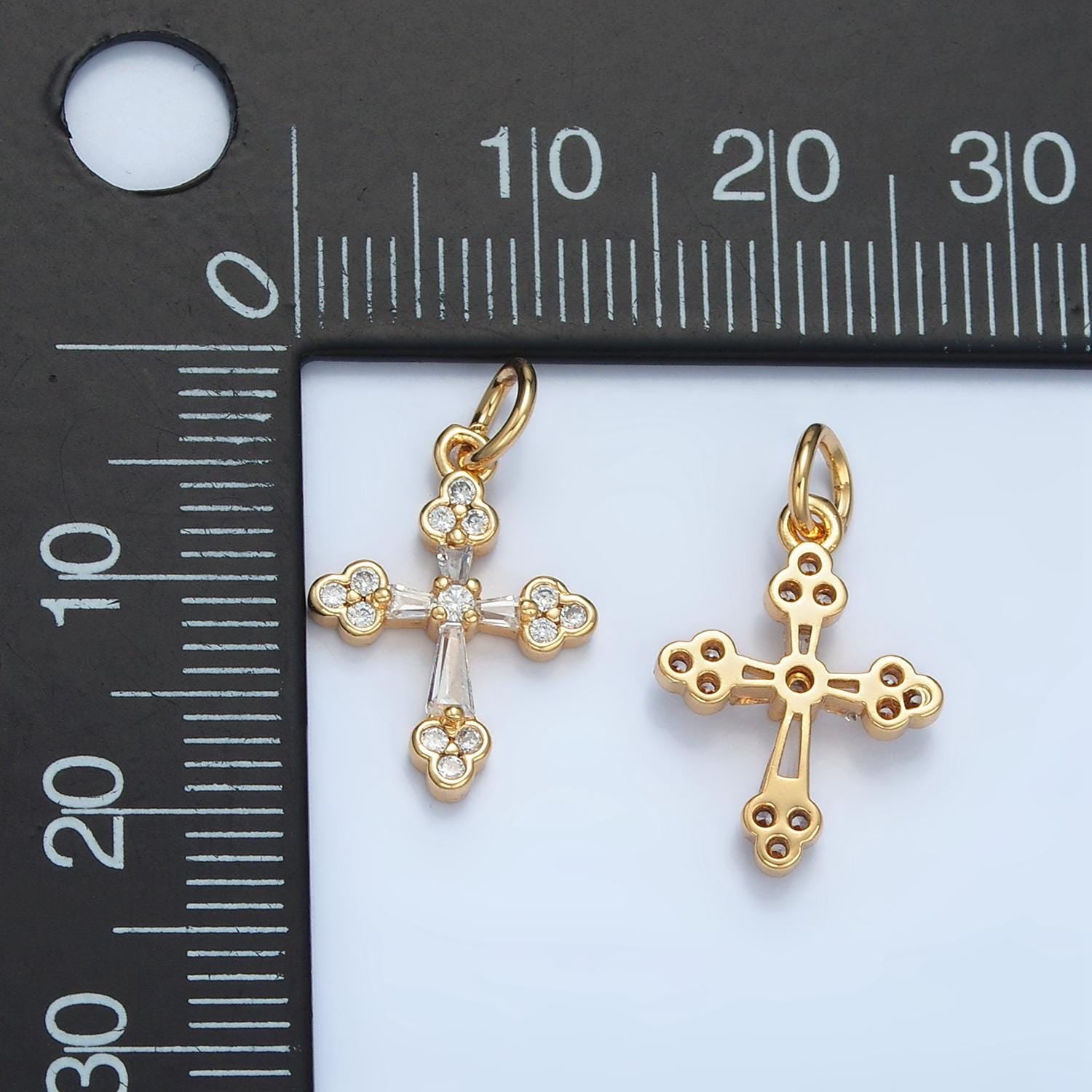 Mini Baguette Cross Clear CZ Paved 24K Gold Filled Cross Charm | E-851