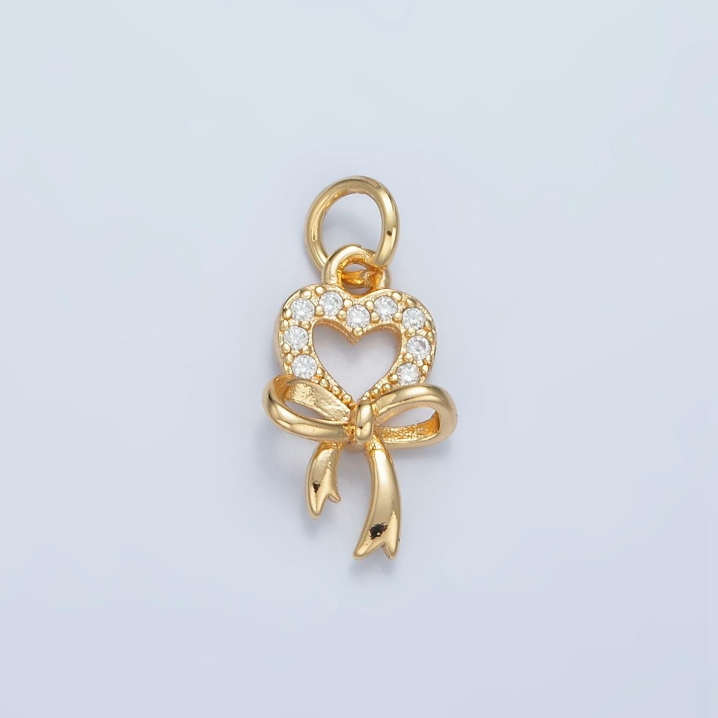 CZ Micro Paved Heart Ribbon Bow 24k Gold Filled Drop Charm E-906