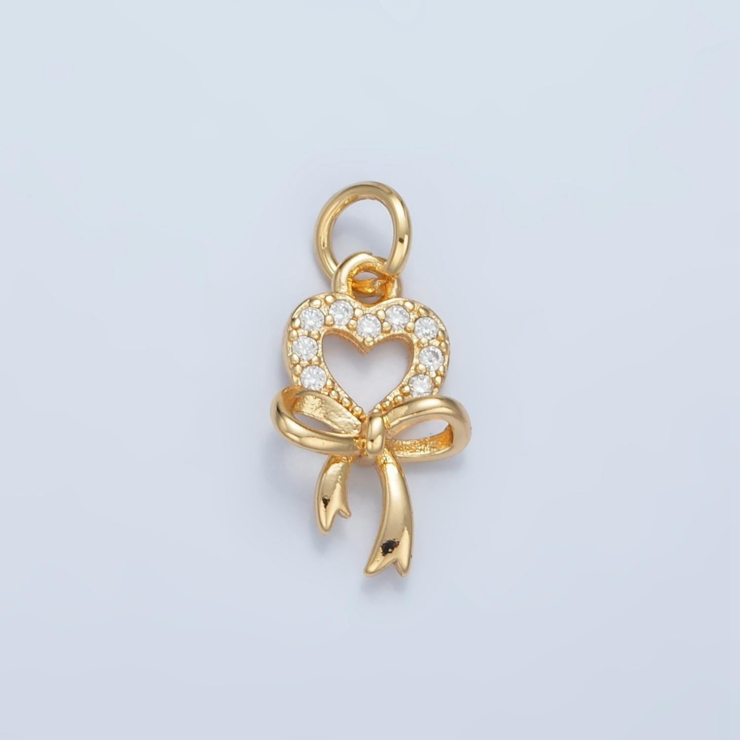 CZ Micro Paved Heart Ribbon Bow 24k Gold Filled Drop Charm E-906