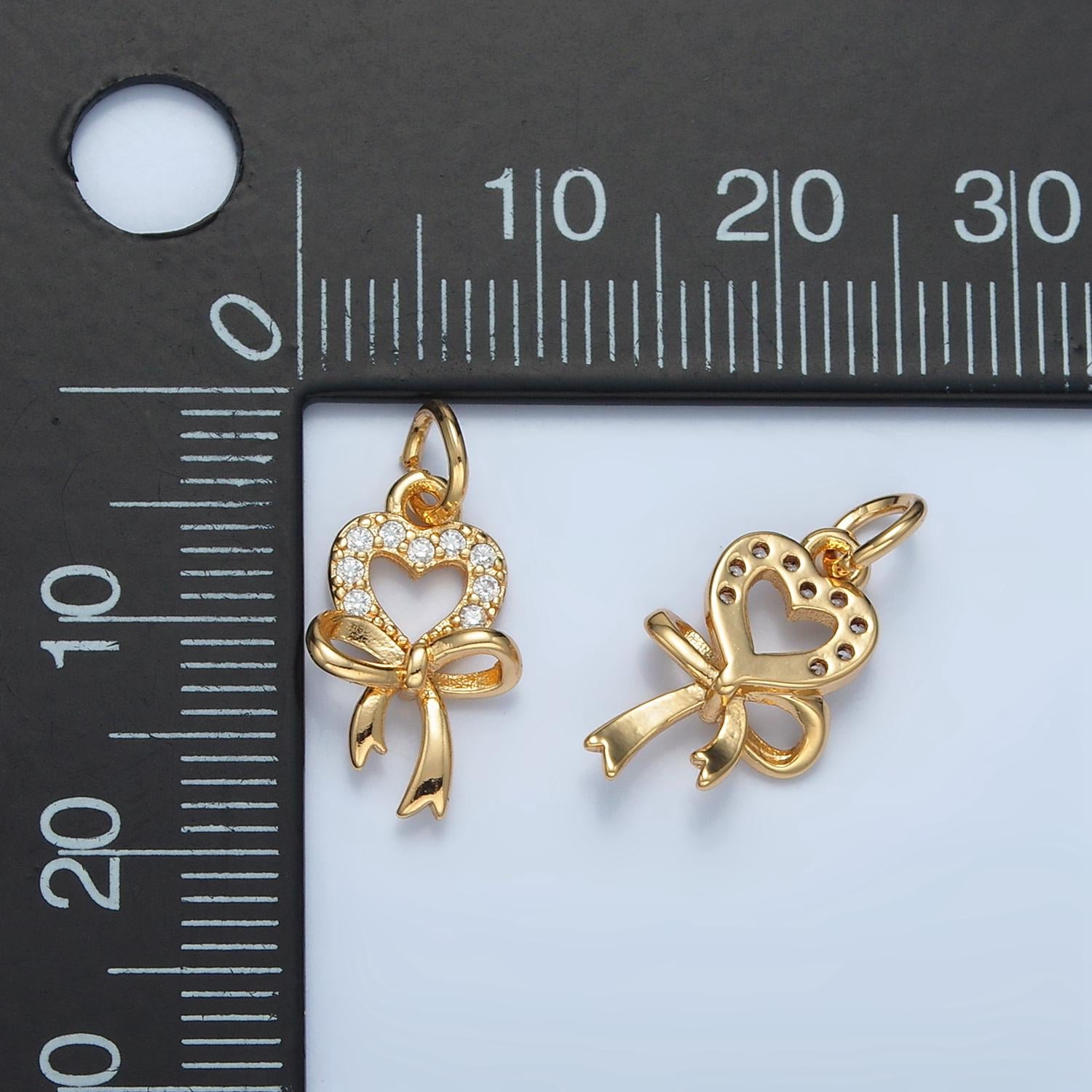 CZ Micro Paved Heart Ribbon Bow 24k Gold Filled Drop Charm E-906