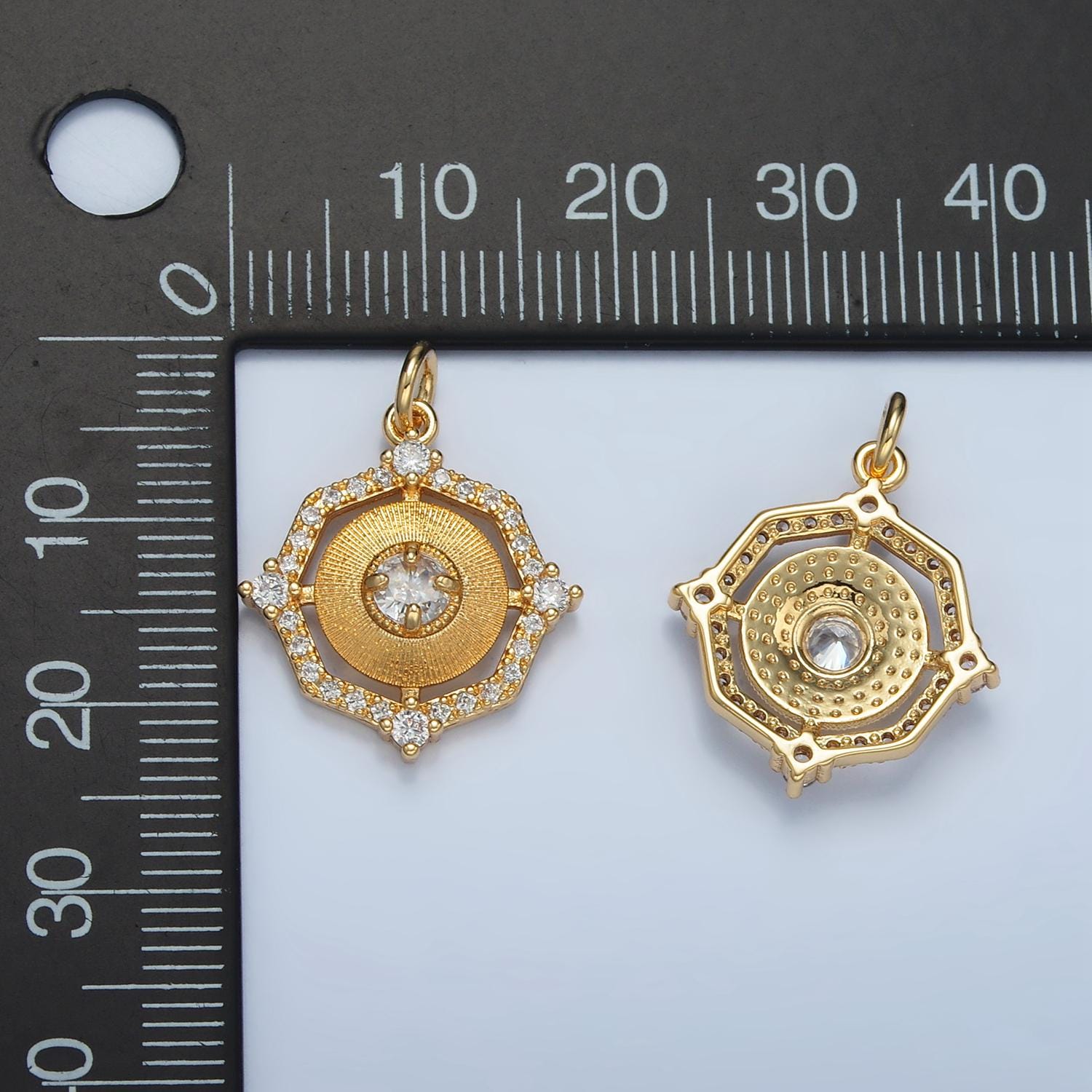 24K Gold Filled Geometric Sunburst CZ Micro Paved Open Charm | E-203