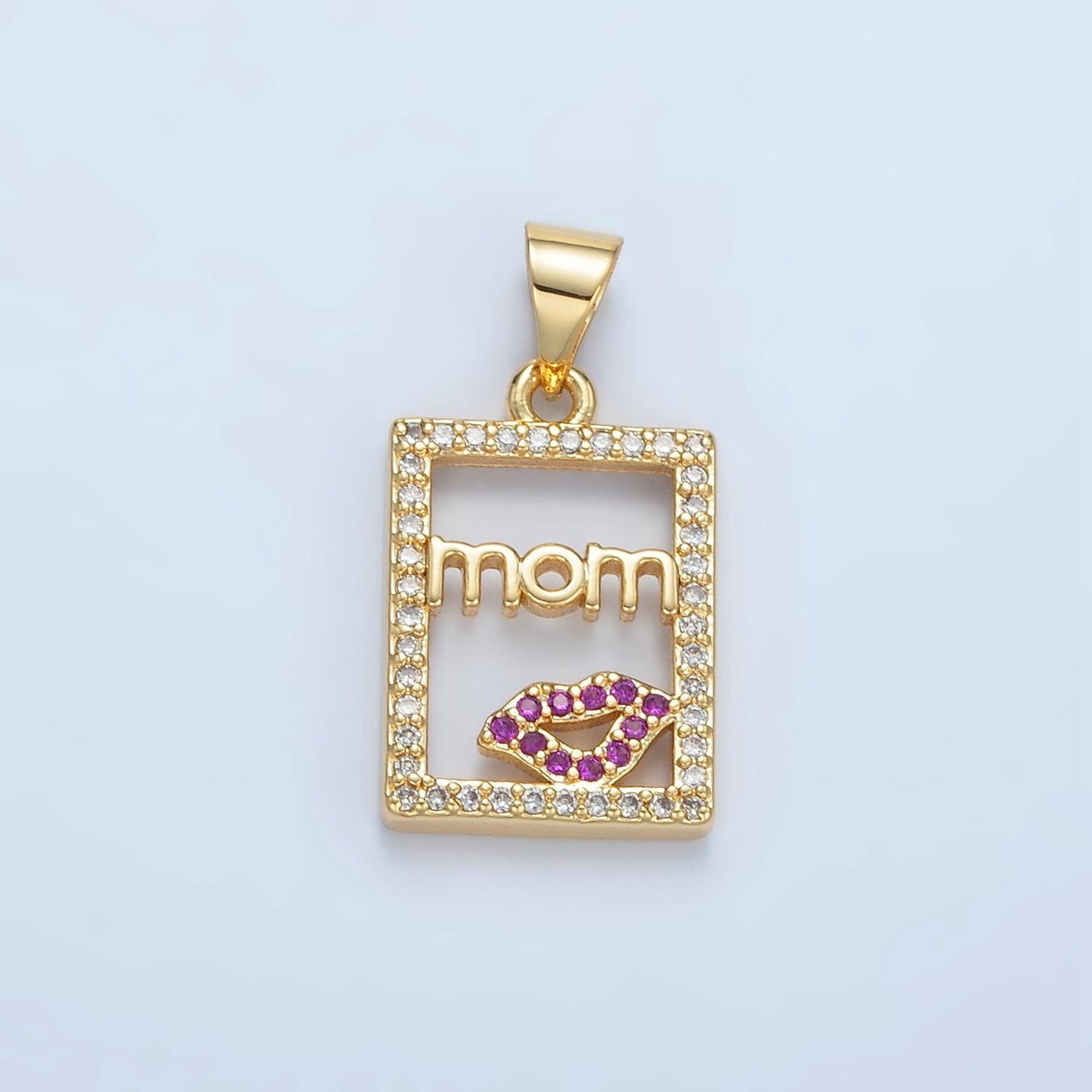 24K Gold Filled 'mom' Script With a Kiss Mark, Open CZ Paved Pendant | I-680