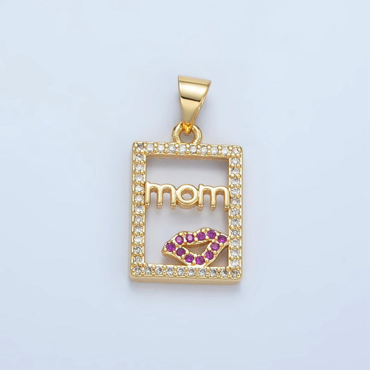 24K Gold Filled 'mom' Script With a Kiss Mark, Open CZ Paved Pendant | I-680