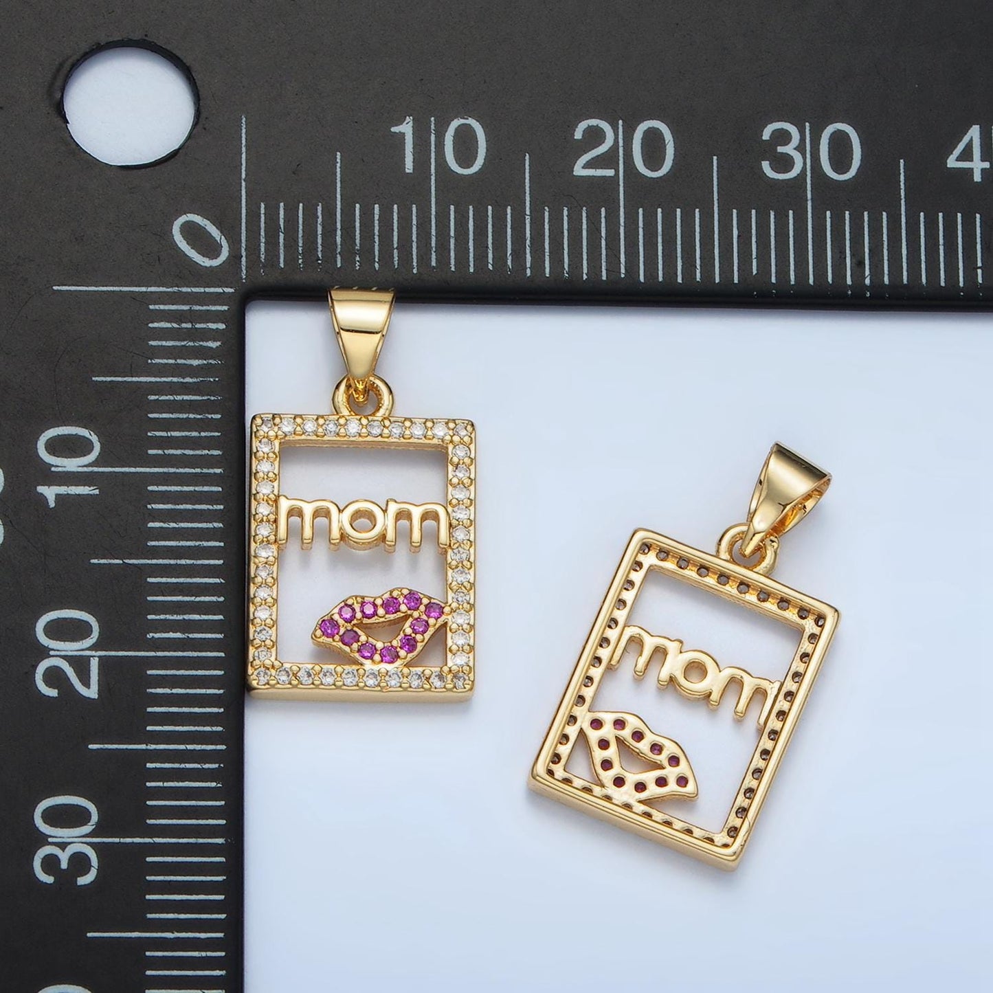 24K Gold Filled 'mom' Script With a Kiss Mark, Open CZ Paved Pendant | I-680