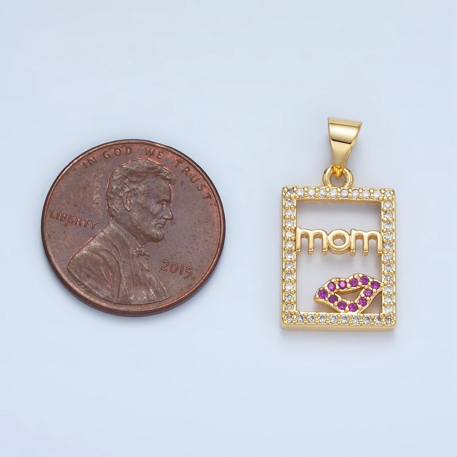 24K Gold Filled 'mom' Script With a Kiss Mark, Open CZ Paved Pendant | I-680