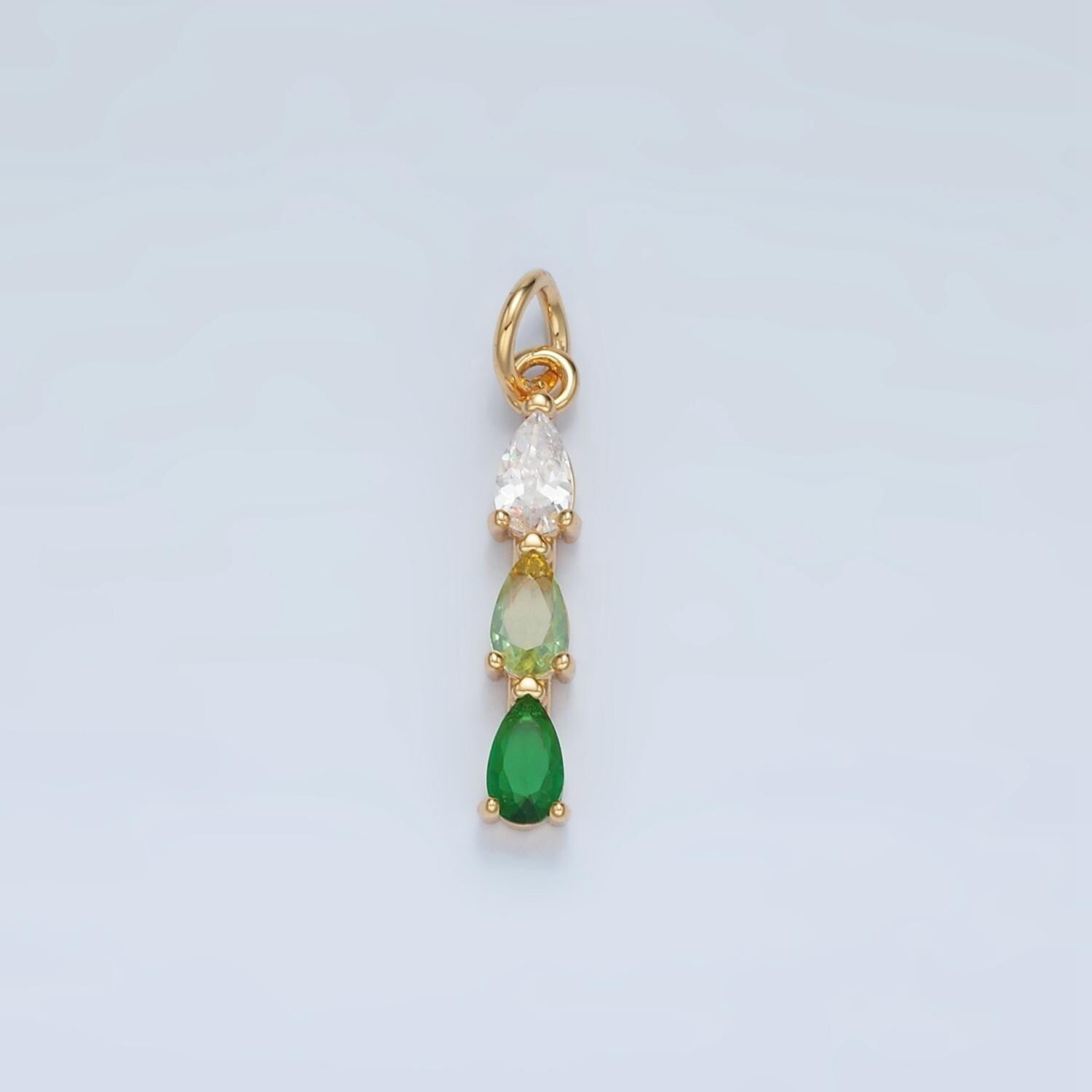 Green, Purple, Clear, Pink, Blue Triple CZ Teardrop Linear Gold Filled Charm | X573-X575