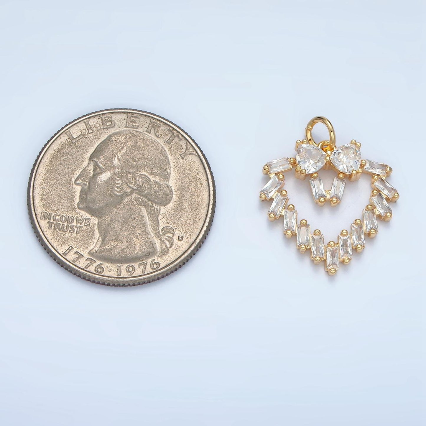 Open Baguette CZ Heart with CZ Bow Gold Filled Charm | E-736