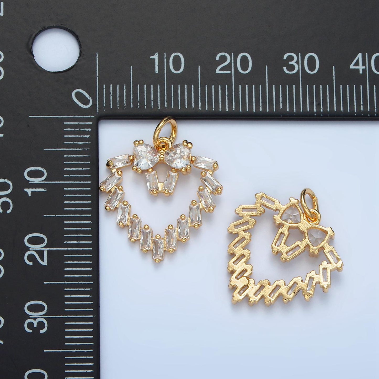 Open Baguette CZ Heart with CZ Bow Gold Filled Charm | E-736