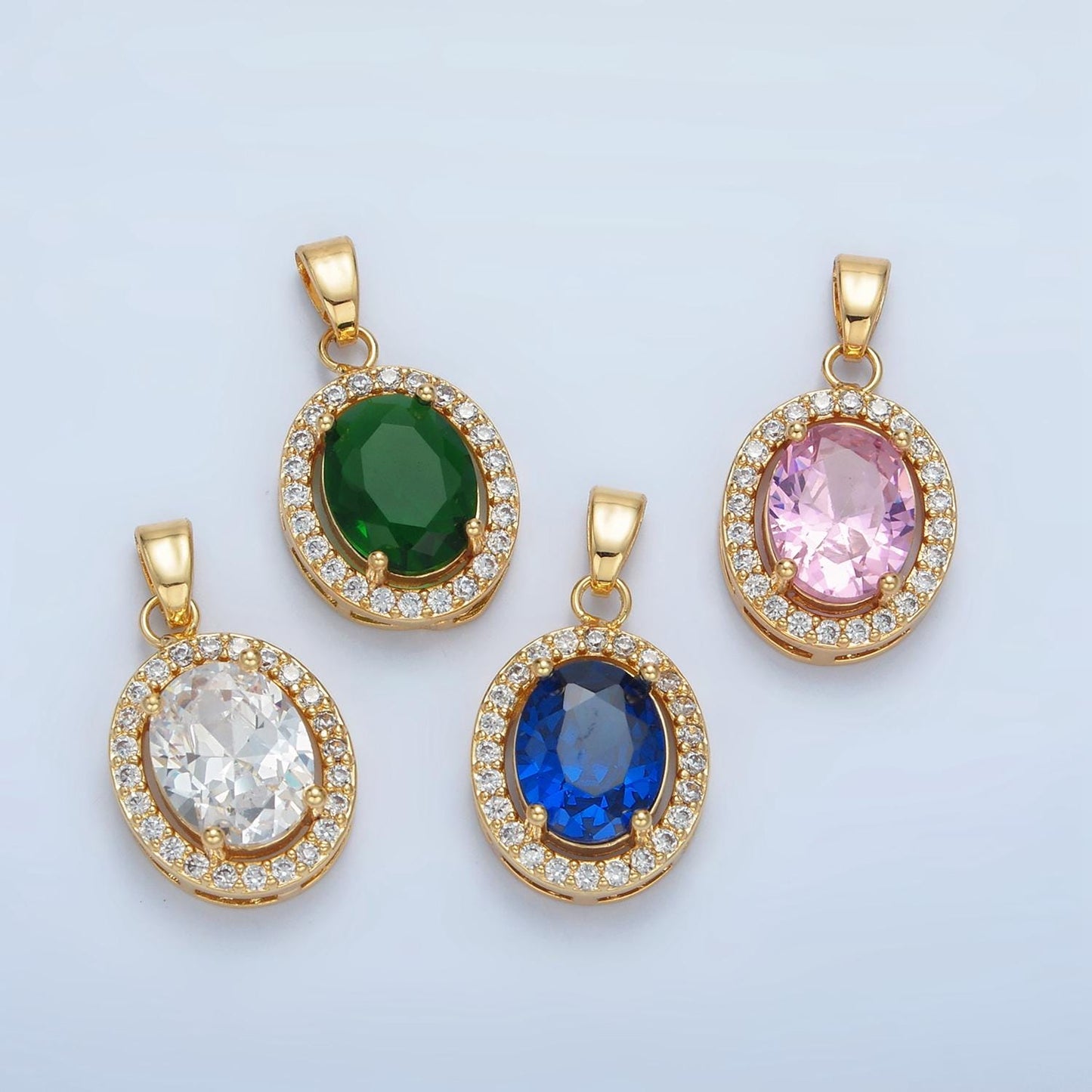 Clear, Green, Blue, Pink CZ Oval Micro Paved CZ, 24K Gold Filled Pendant | AA880-AA881