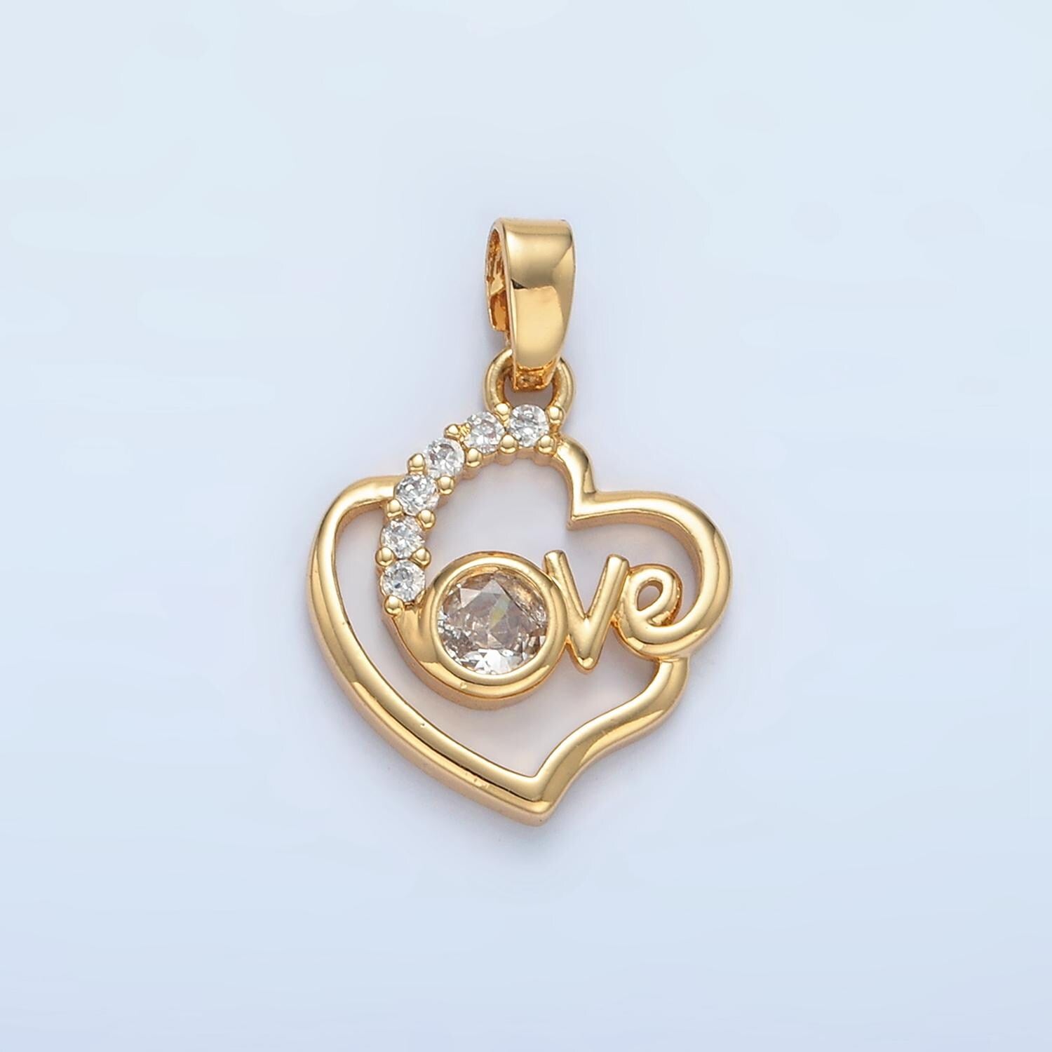 Double Heart Micro Paved CZ Love Script, Gold Filled Pendant | AA-875