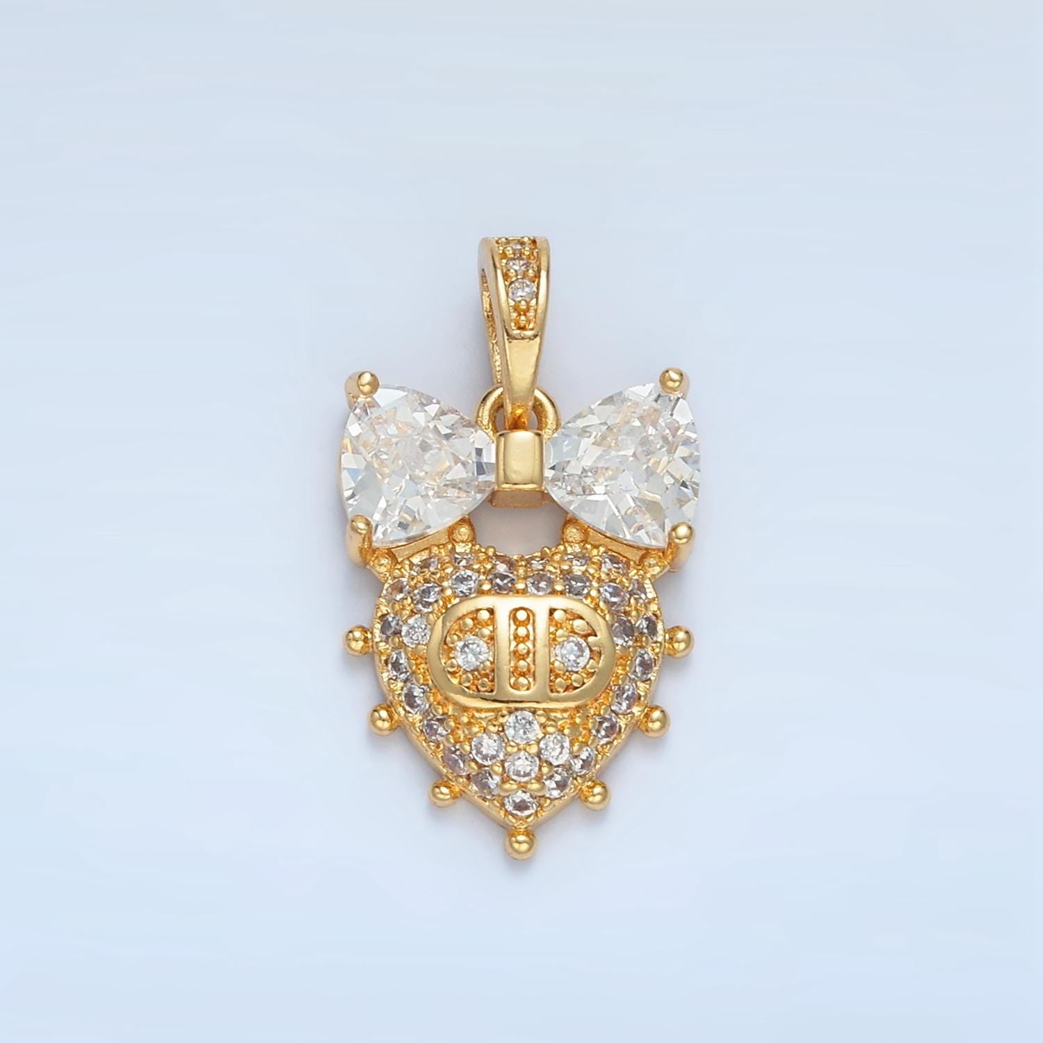 Dotted Outline Heart Micro Paved CZ Ribbon CZ, 24K Gold Filled Pendant | AA-873