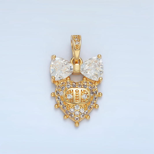 Dotted Outline Heart Micro Paved CZ Ribbon CZ, 24K Gold Filled Pendant | AA-873