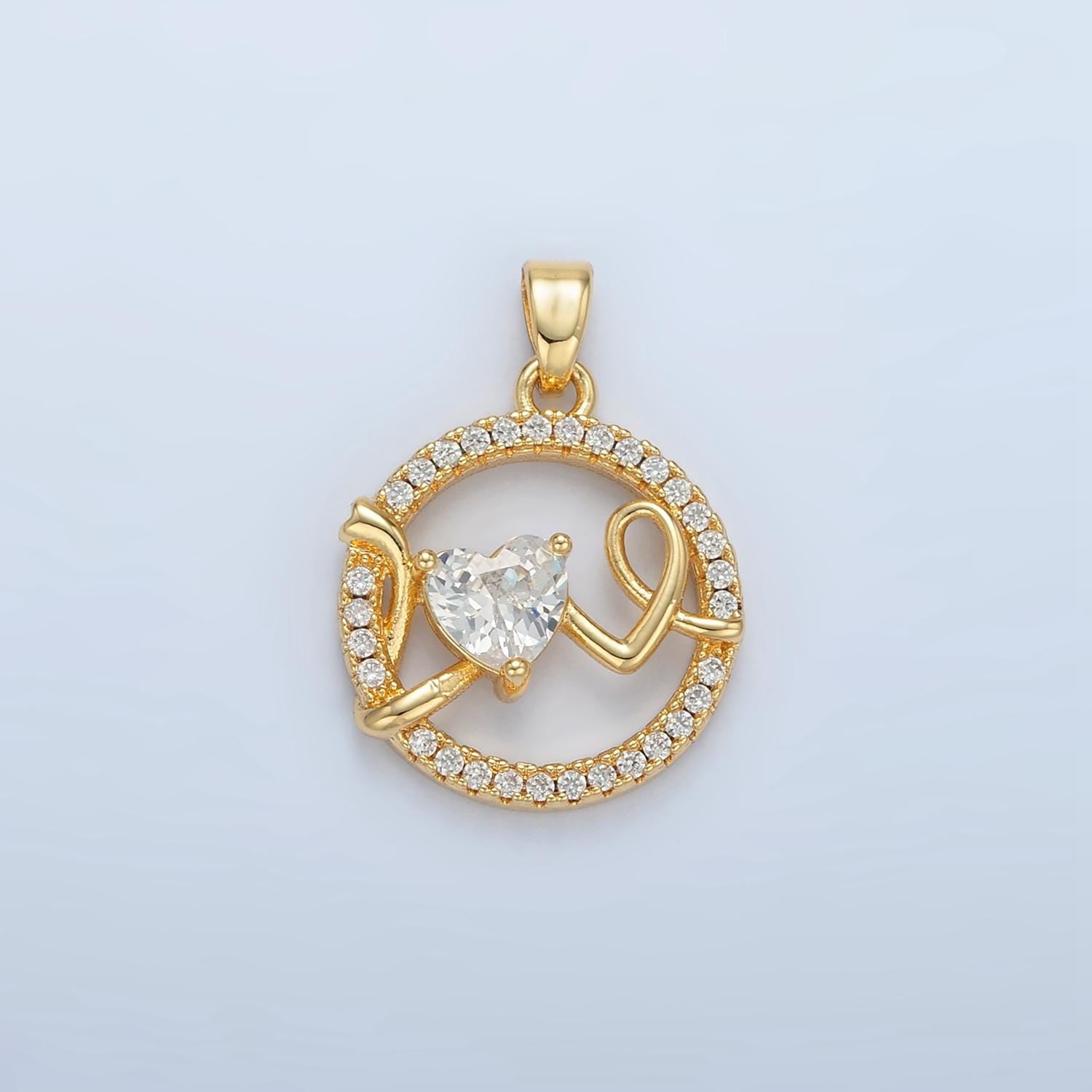 Open Round Micro Paved CZ Love Script, Gold Filled Pendant | AA-891
