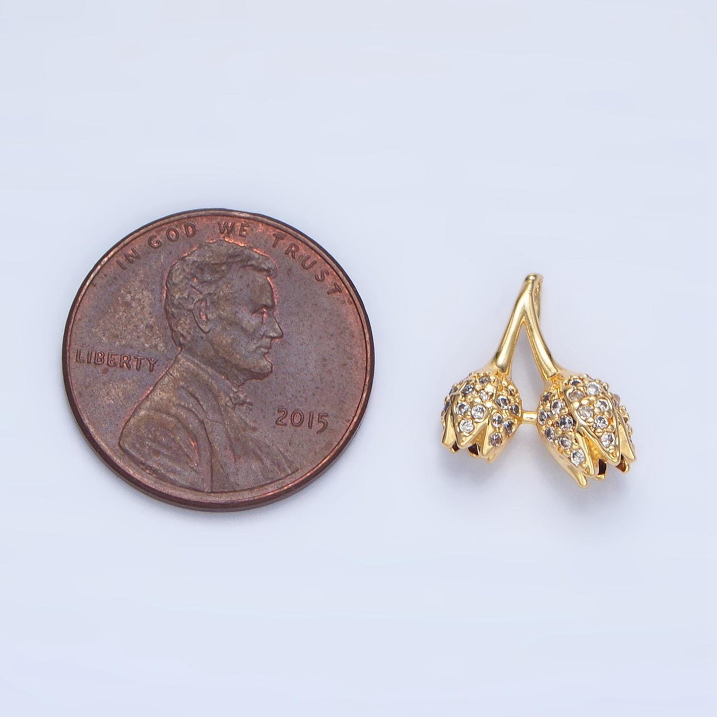 Mini Double Stem Tulip Micro Paved Clear CZ, 24K Gold Filled Floral Charm| AA-122
