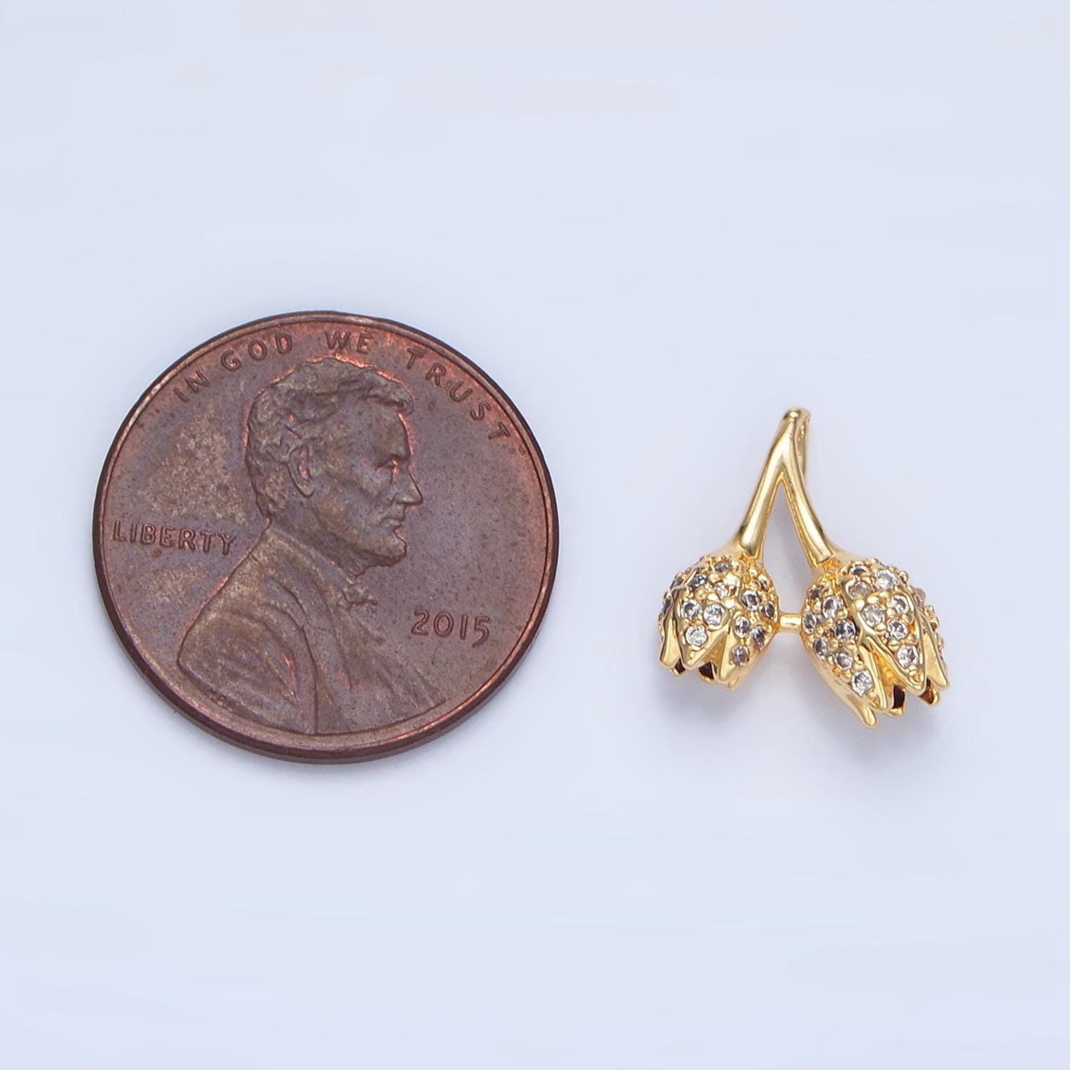 Mini Double Stem Tulip Micro Paved Clear CZ, 24K Gold Filled Floral Charm| AA-122