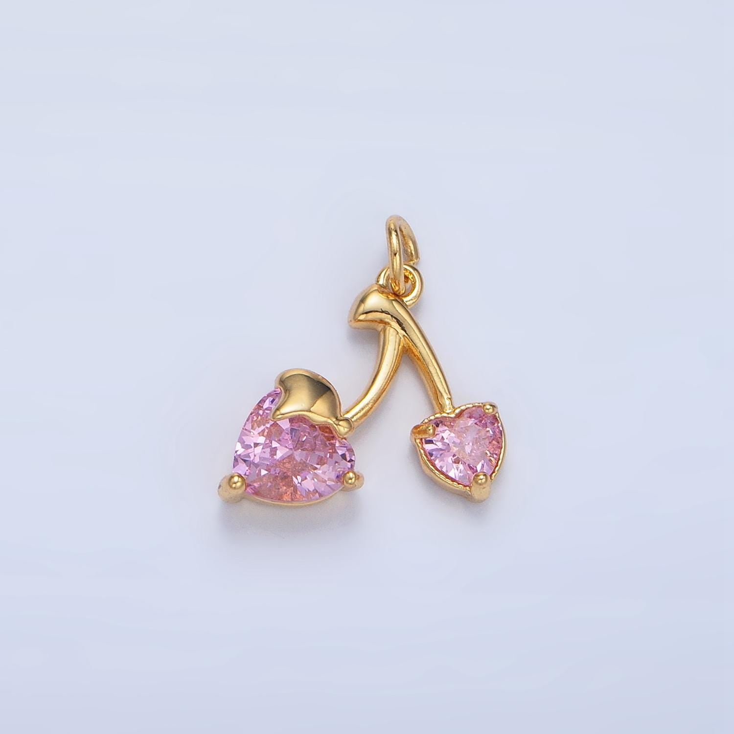 Dainty Cherry Charm Red, Pink, Clear CZ Heart Cherries, 24K Gold Filled Fruit Charm | X601-X602