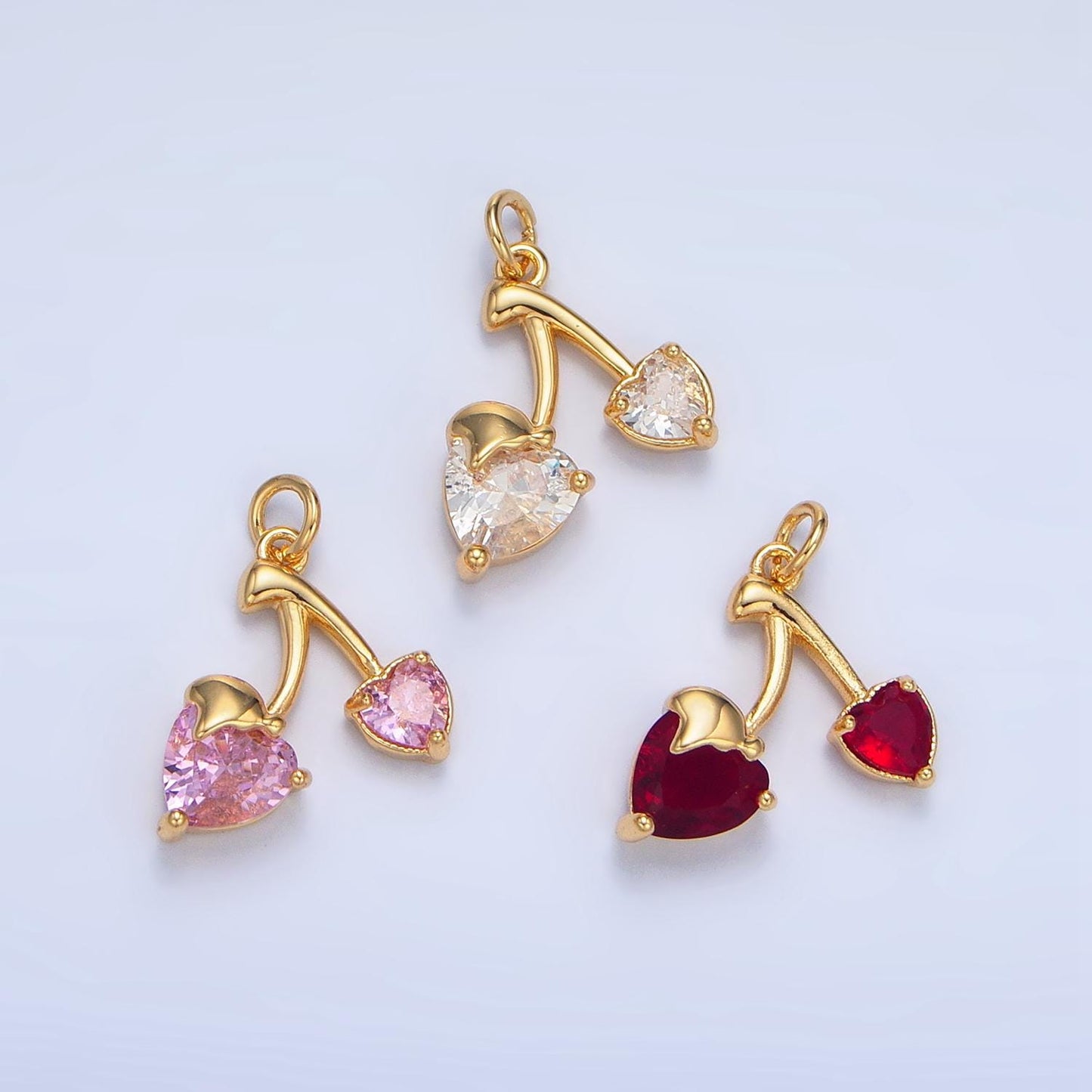 Dainty Cherry Charm Red, Pink, Clear CZ Heart Cherries, 24K Gold Filled Fruit Charm | X601-X602