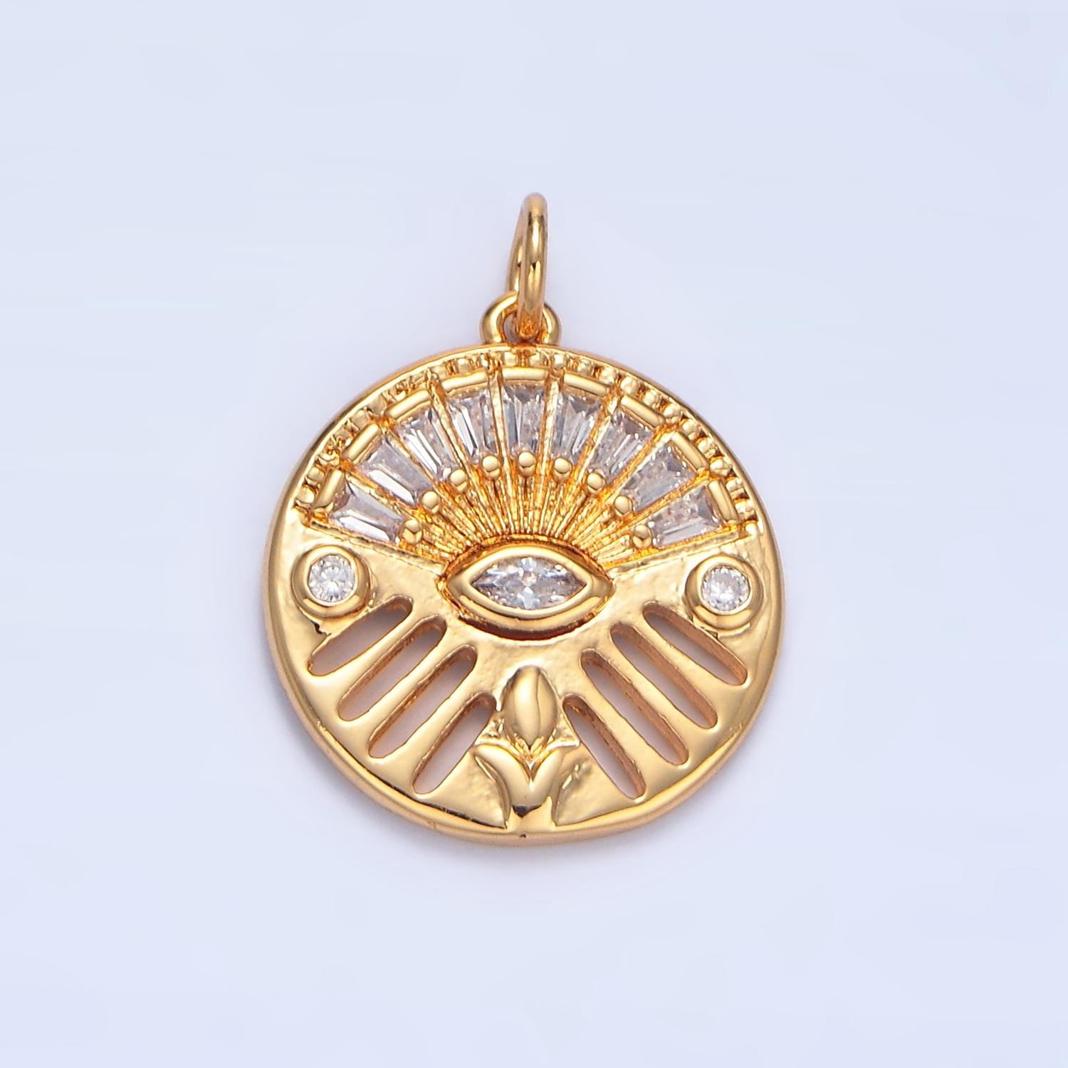 Clear CZ Textured Evil Eye 24k Gold Filled Round Circle Open Bar Charm | X-820