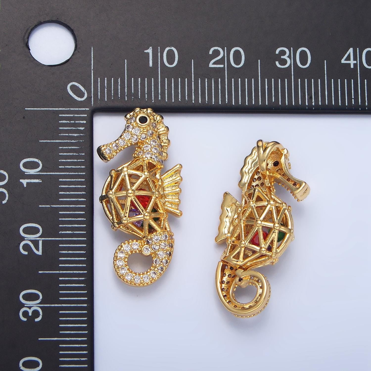 Micro Paved Cute Red CZ Sea Horse Sea Animal 24k Gold Filled Pendant | AA-952