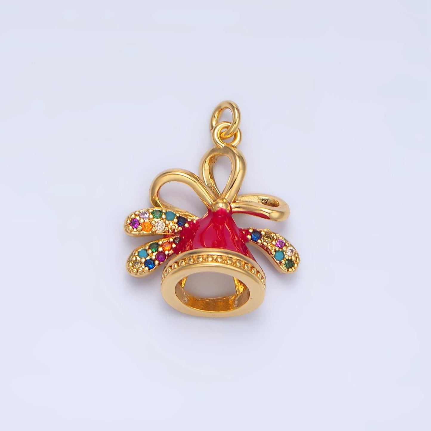 Christmas Festive Jingle Bell Multicolor CZ 24K Gold Filled Enamel Pendant | X-613