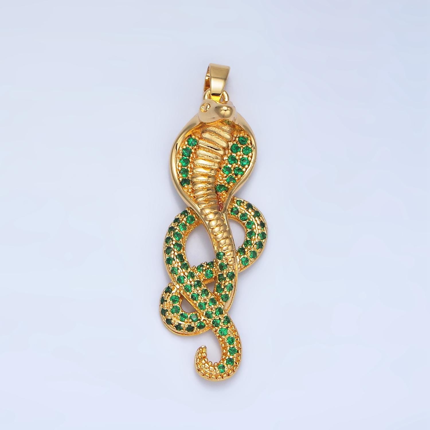 Green CZ Coiled Cobra, 24K Gold Filled Pendant | AA-948