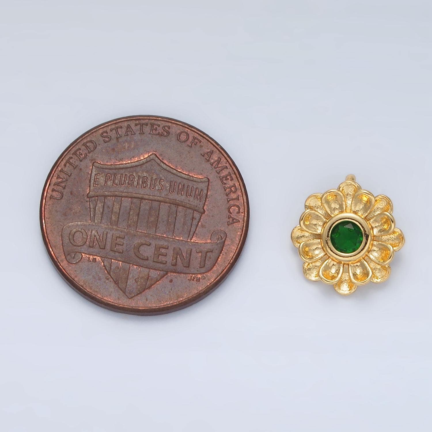 24K Gold Filled Green CZ Artisan Curved Flower Charm | E-064