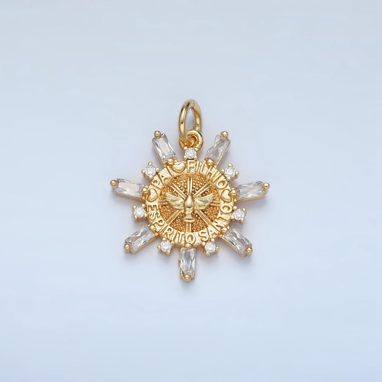 Pai, Filho, Espiritu Santo" Script Eagle Baguette Sun Gold Filled Charm | E-227