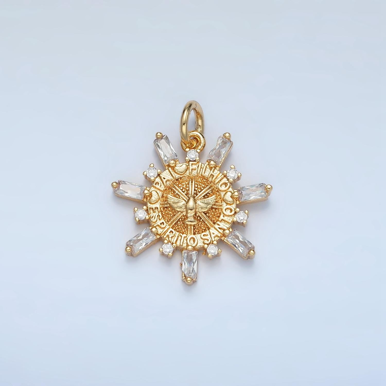 Pai, Filho, Espiritu Santo" Script Eagle Baguette Sun Gold Filled Charm | E-227