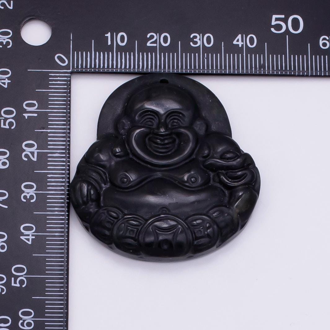 1pc Natural Black Onyx Carved Laughing Buddha Stone Pendant fit Buddhist jewelry making H357