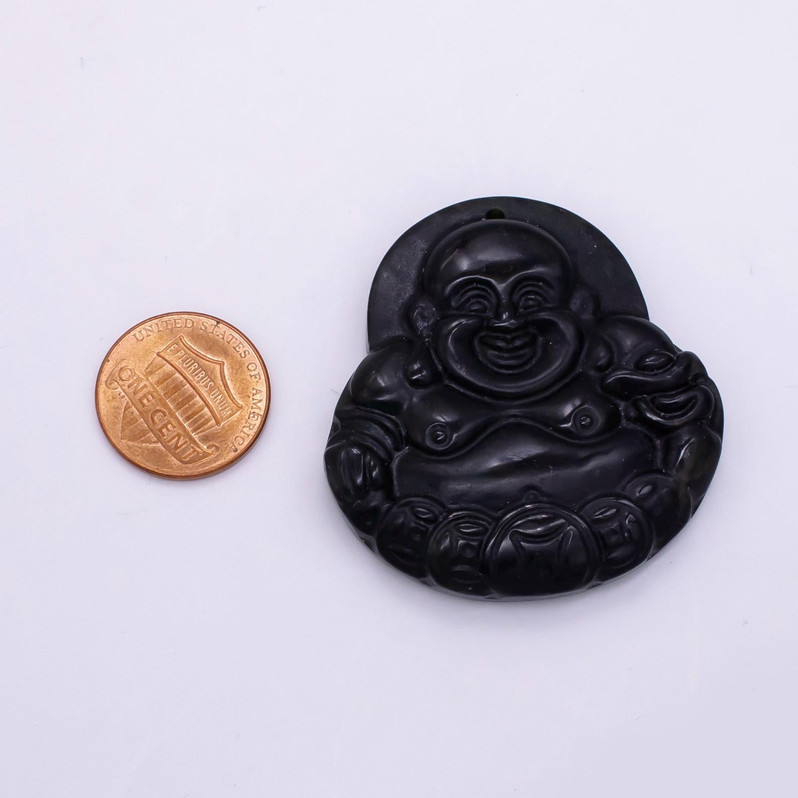 1pc Natural Black Onyx Carved Laughing Buddha Stone Pendant fit Buddhist jewelry making H357
