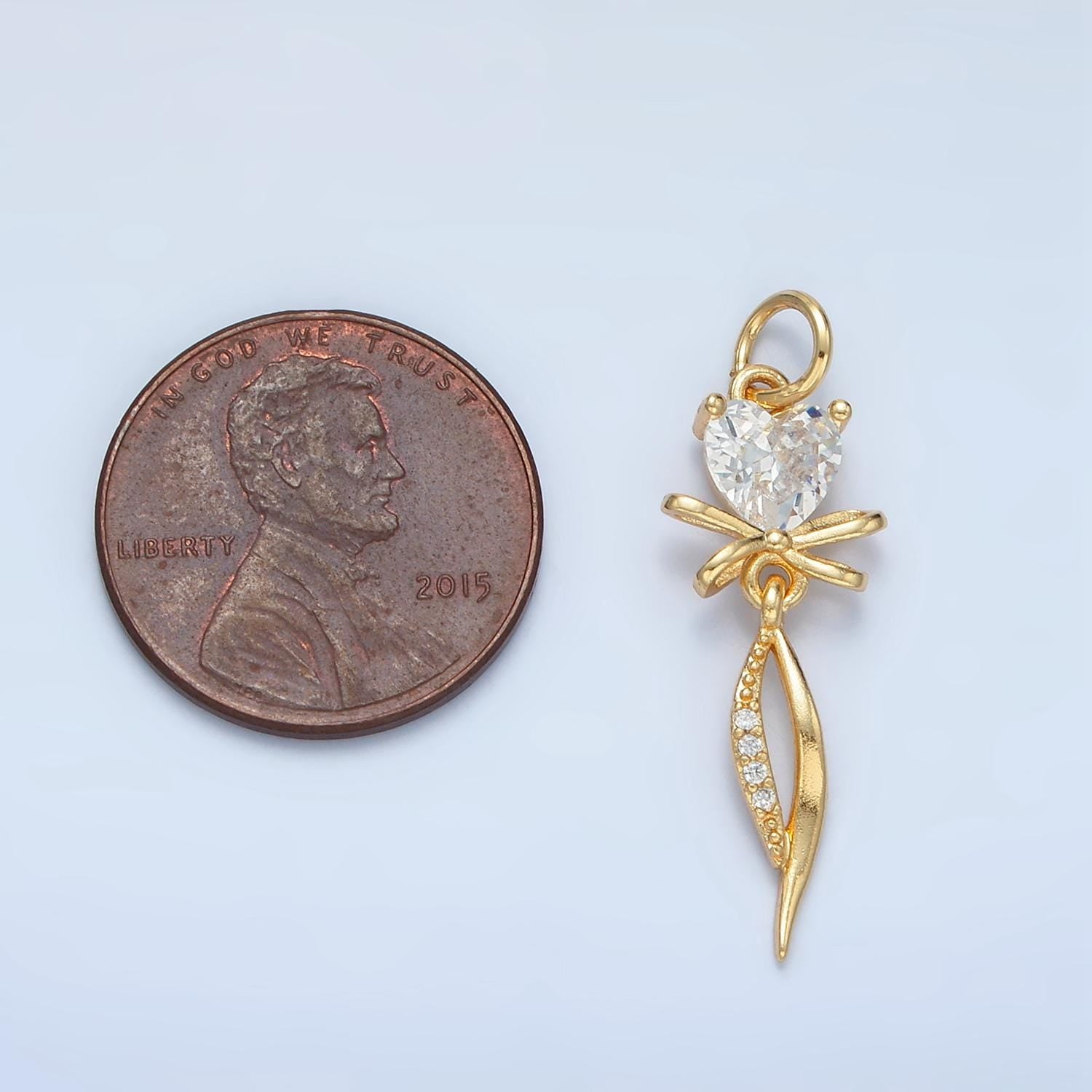 Curved Ribbon Bow with Clear Heart CZ 24K Gold Filled Drop Charm | X-298