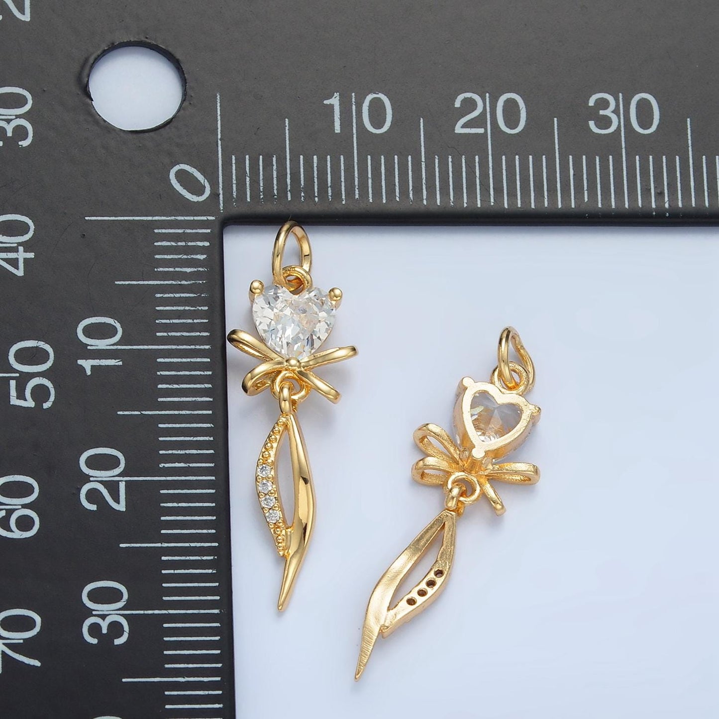 Curved Ribbon Bow with Clear Heart CZ 24K Gold Filled Drop Charm | X-298