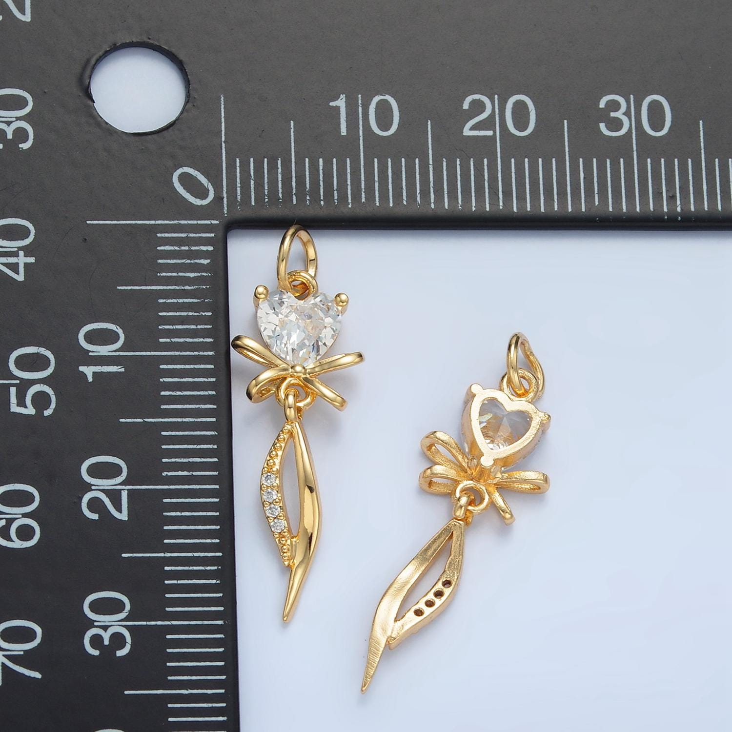 Curved Ribbon Bow with Clear Heart CZ 24K Gold Filled Drop Charm | X-298