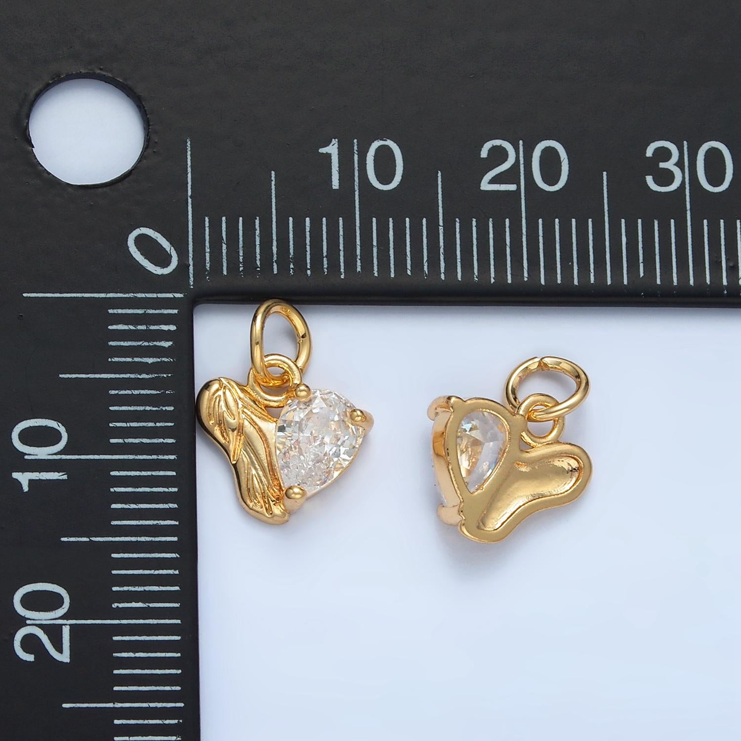 CZ Teardrop Engraved Half Heart Abstract Heart Gold Filled Charm |