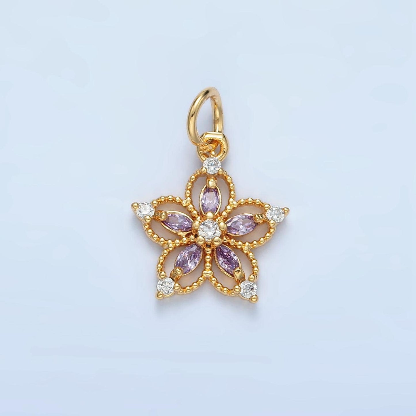 Open 5-Petal Flower Pink, Clear, Purple CZ Petals Gold Filled Floral Charm