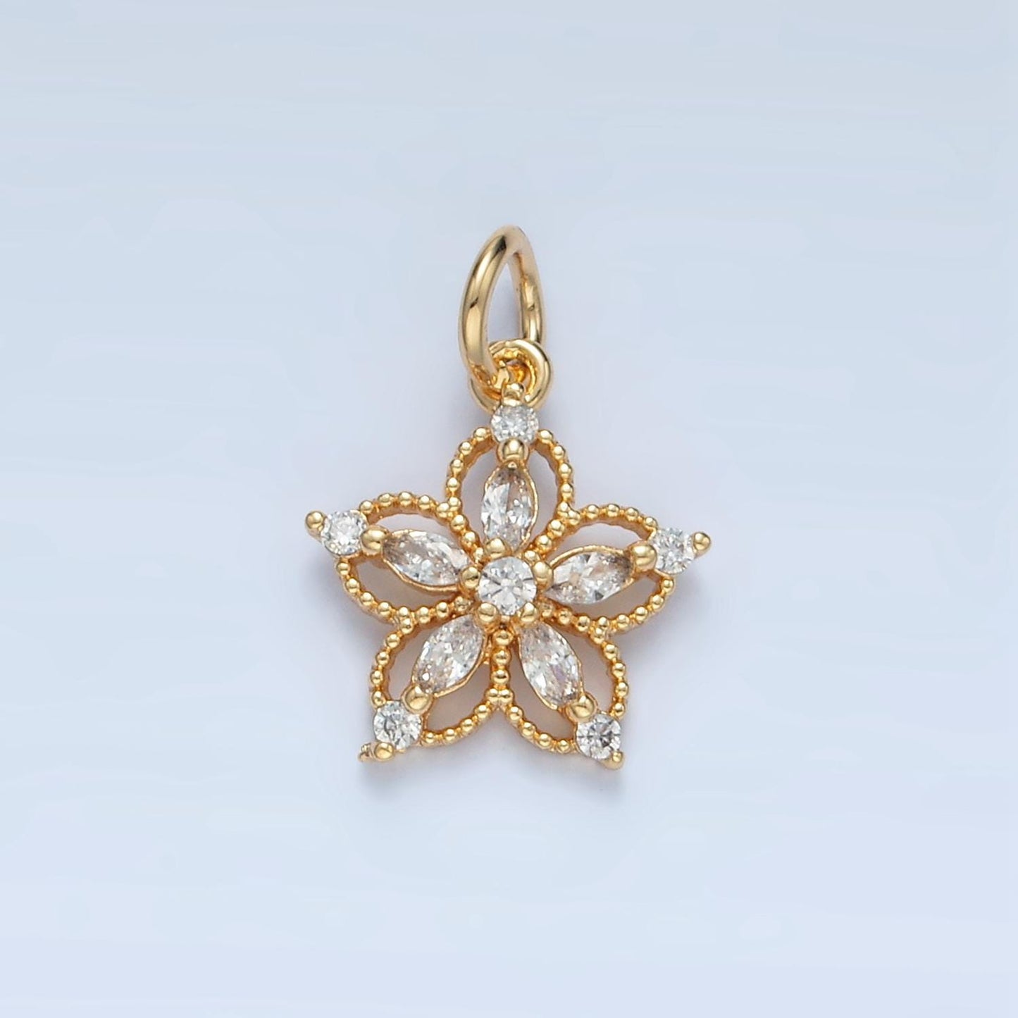 Open 5-Petal Flower Pink, Clear, Purple CZ Petals Gold Filled Floral Charm