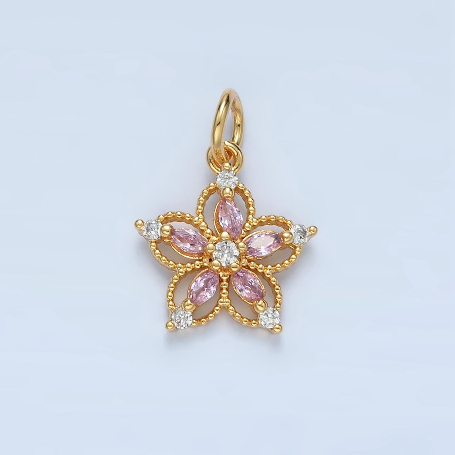 Open 5-Petal Flower Pink, Clear, Purple CZ Petals Gold Filled Floral Charm