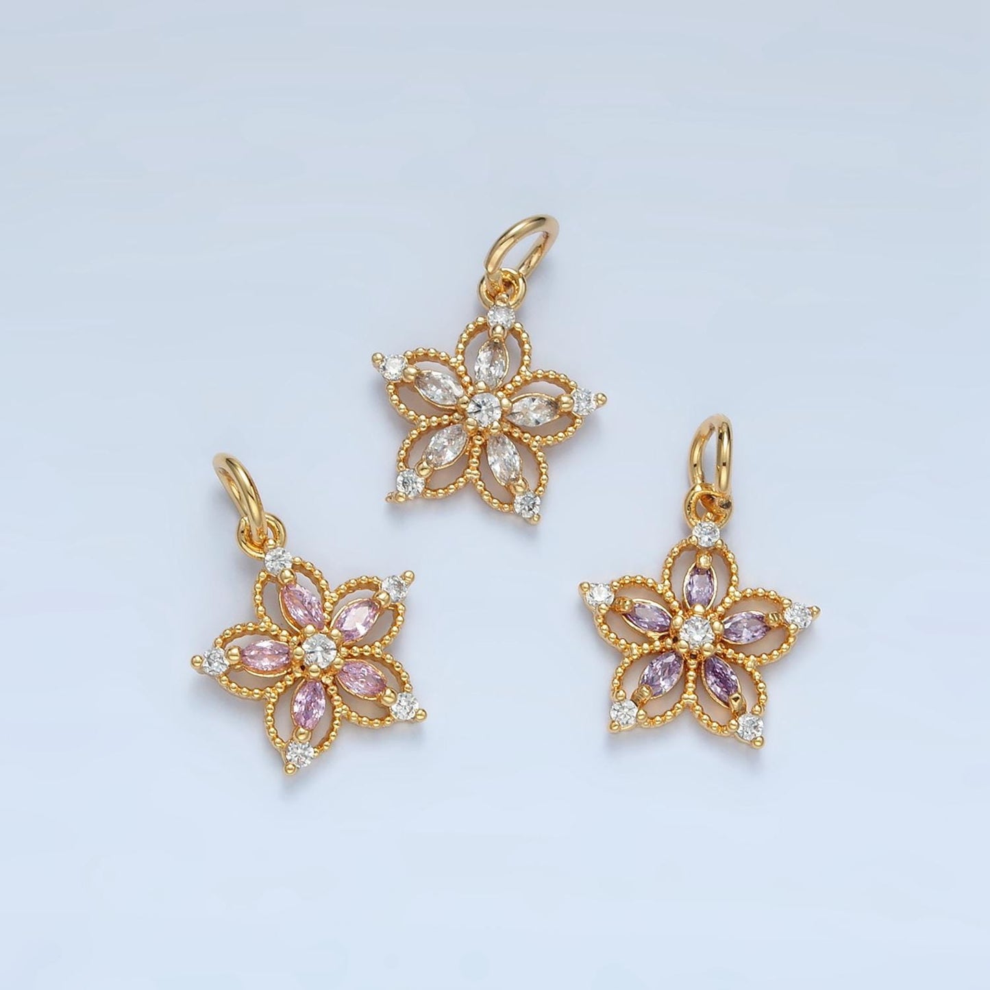Open 5-Petal Flower Pink, Clear, Purple CZ Petals Gold Filled Floral Charm