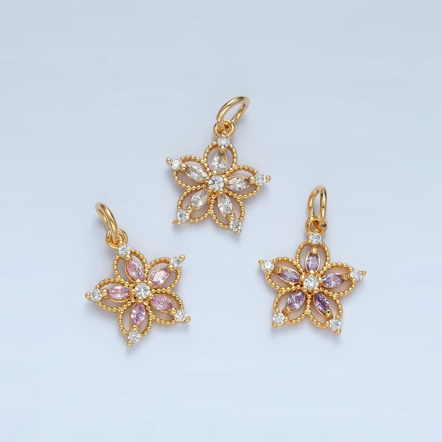 Open 5-Petal Flower Pink, Clear, Purple CZ Petals Gold Filled Floral Charm