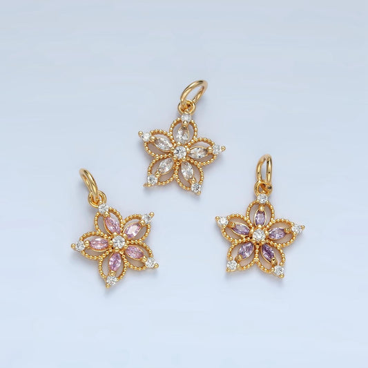 Open 5-Petal Flower Pink, Clear, Purple CZ Petals Gold Filled Floral Charm