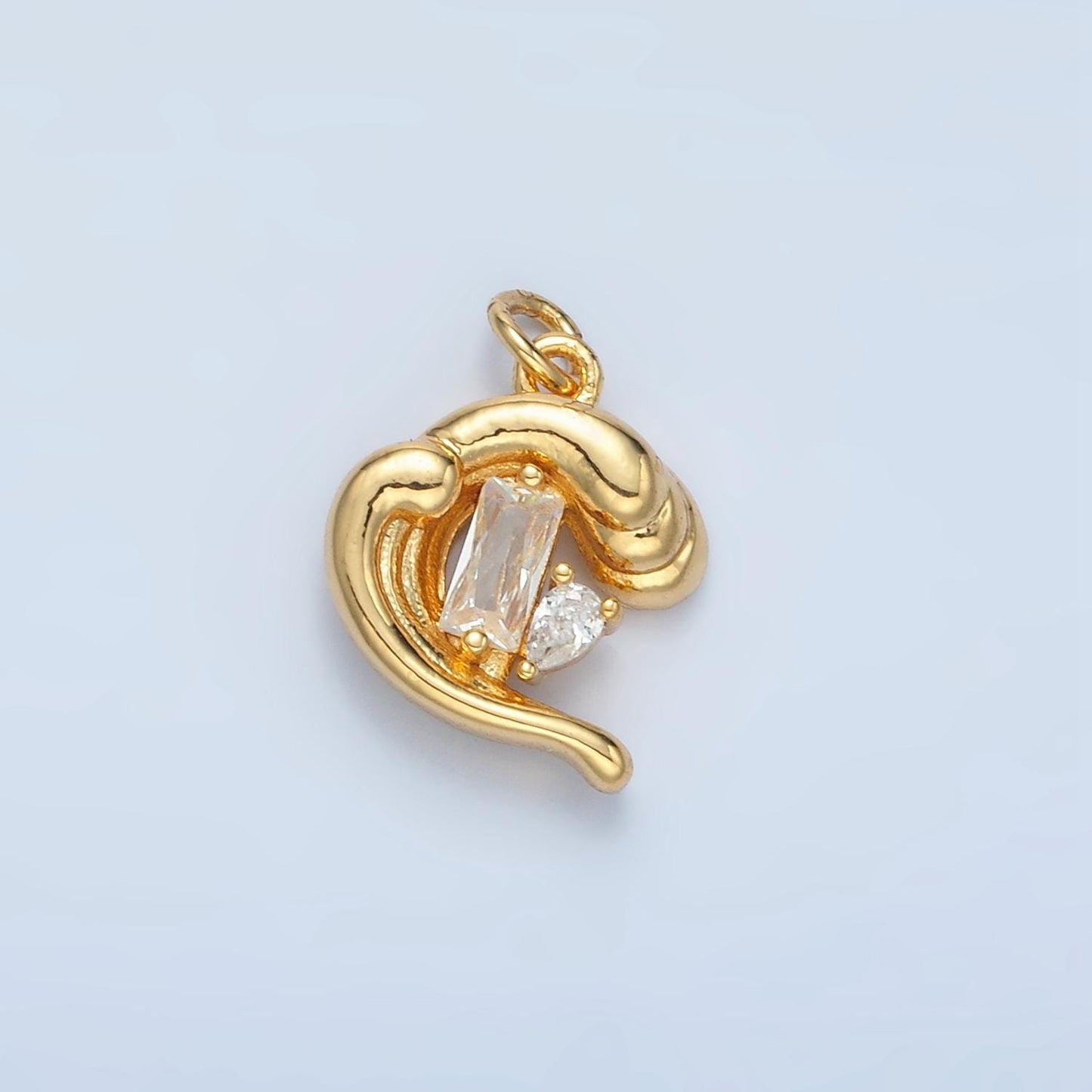 3D Tidal Wave w/ Geometric CZ Gold Filled Ocean Charm in Gold & Silver | E-606