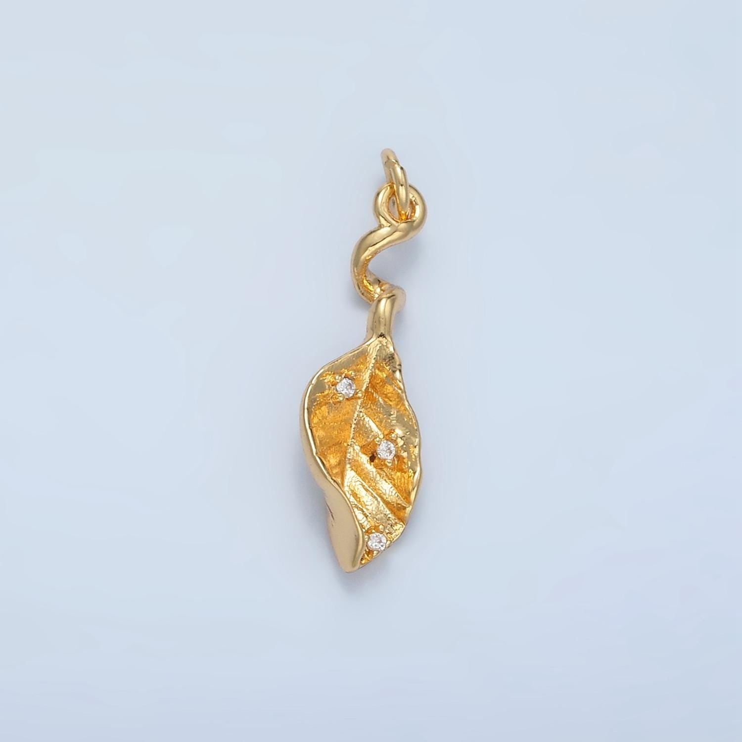 Oval Curved Leaf CZ Paved Nature 24K Gold Filled Charm Gold & Silver | E-382