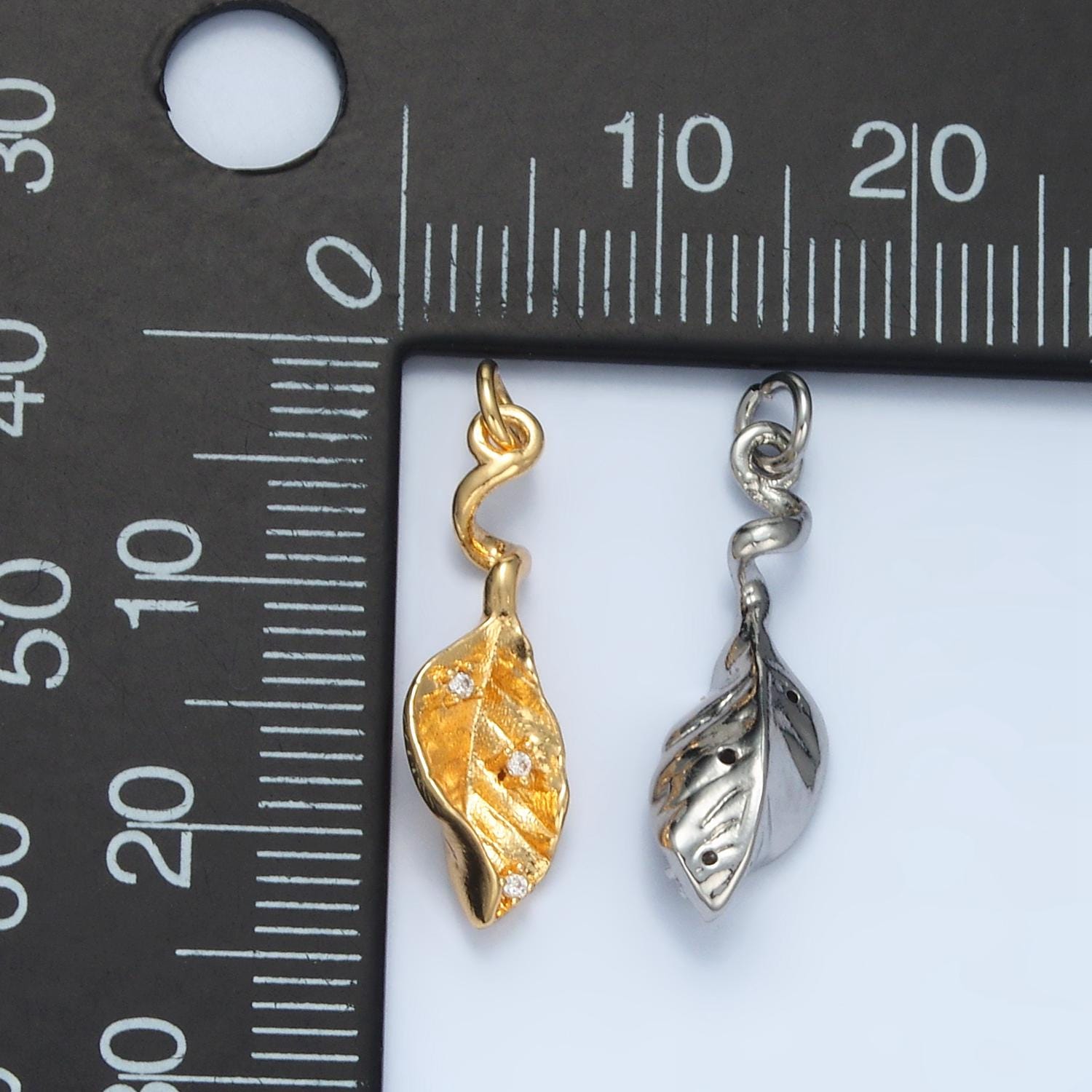 Oval Curved Leaf CZ Paved Nature 24K Gold Filled Charm Gold & Silver | E-382