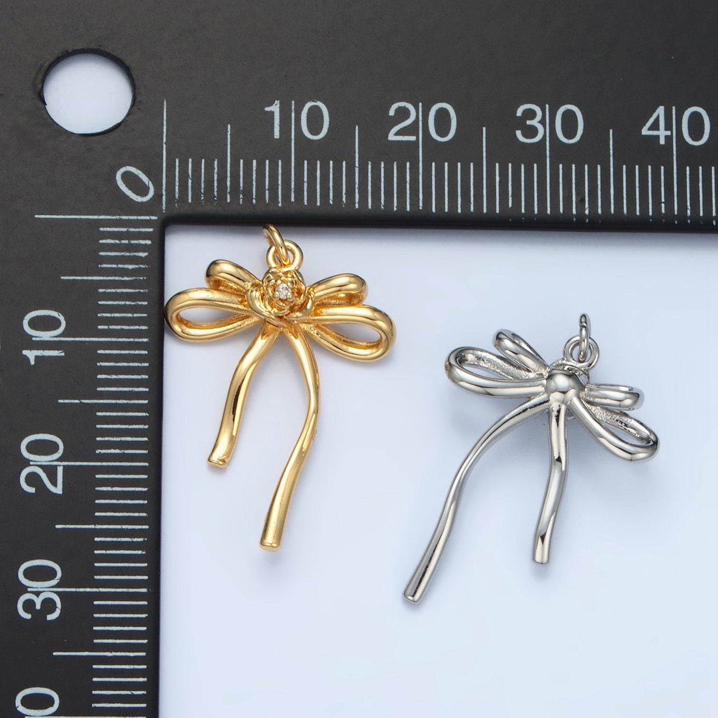 Double Loop Rose CZ Ribbon Bow Charm in Gold & Silver | E-373