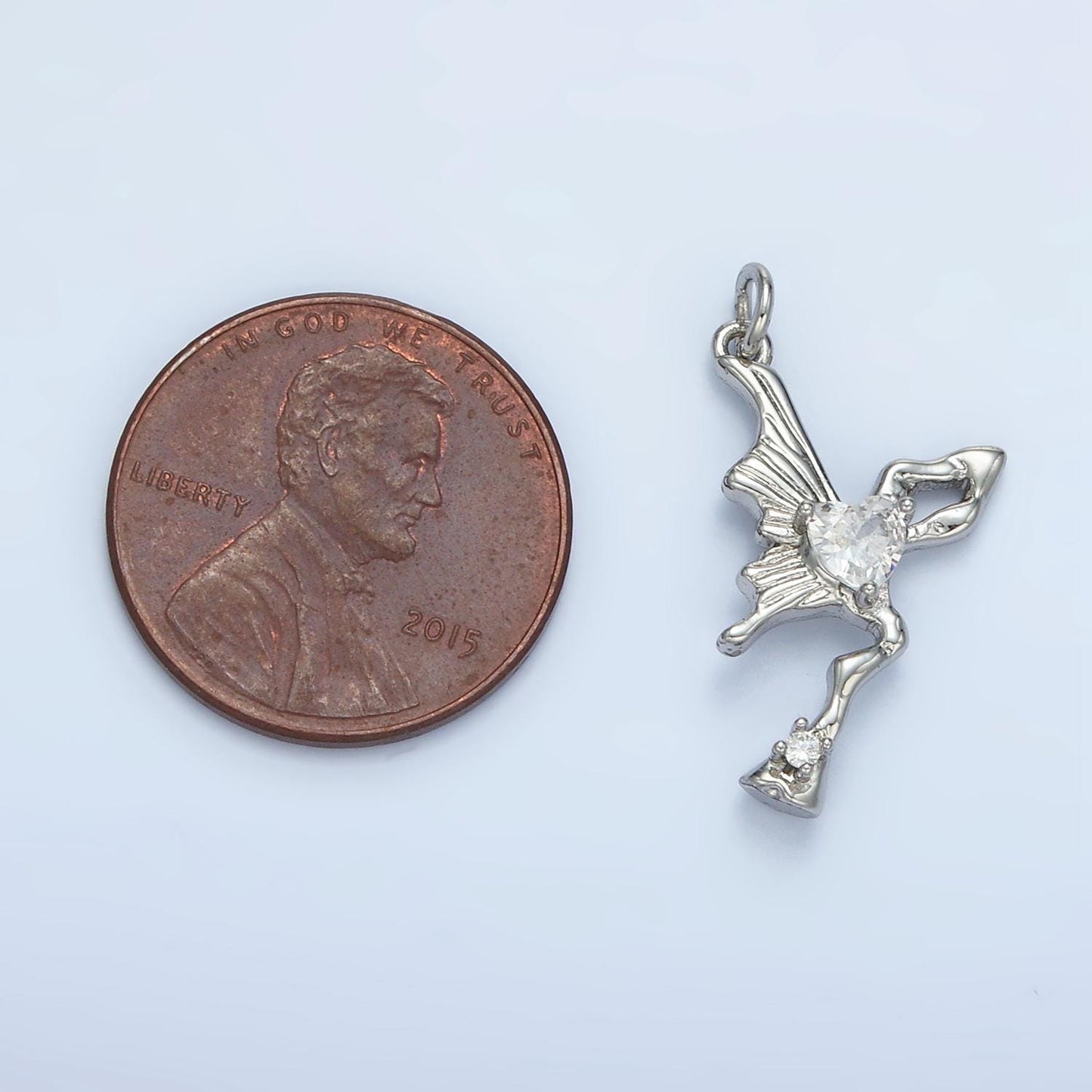 Molten Butterfly Wing Clear CZ Heart Insect Charm in Silver & Gold | E-385