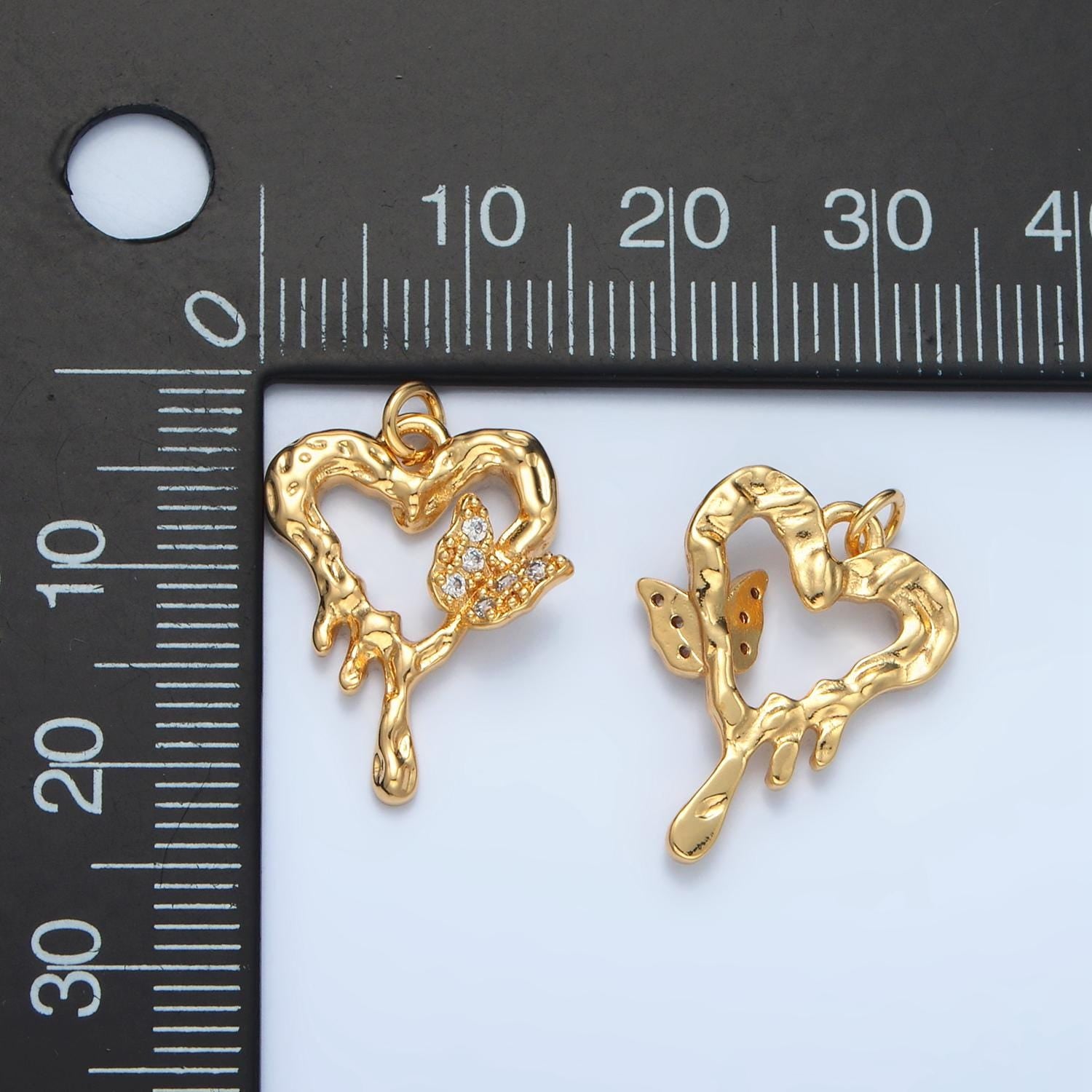 Molten Silver & Gold Heart with Butterfly Y2K Style Charm | E-384