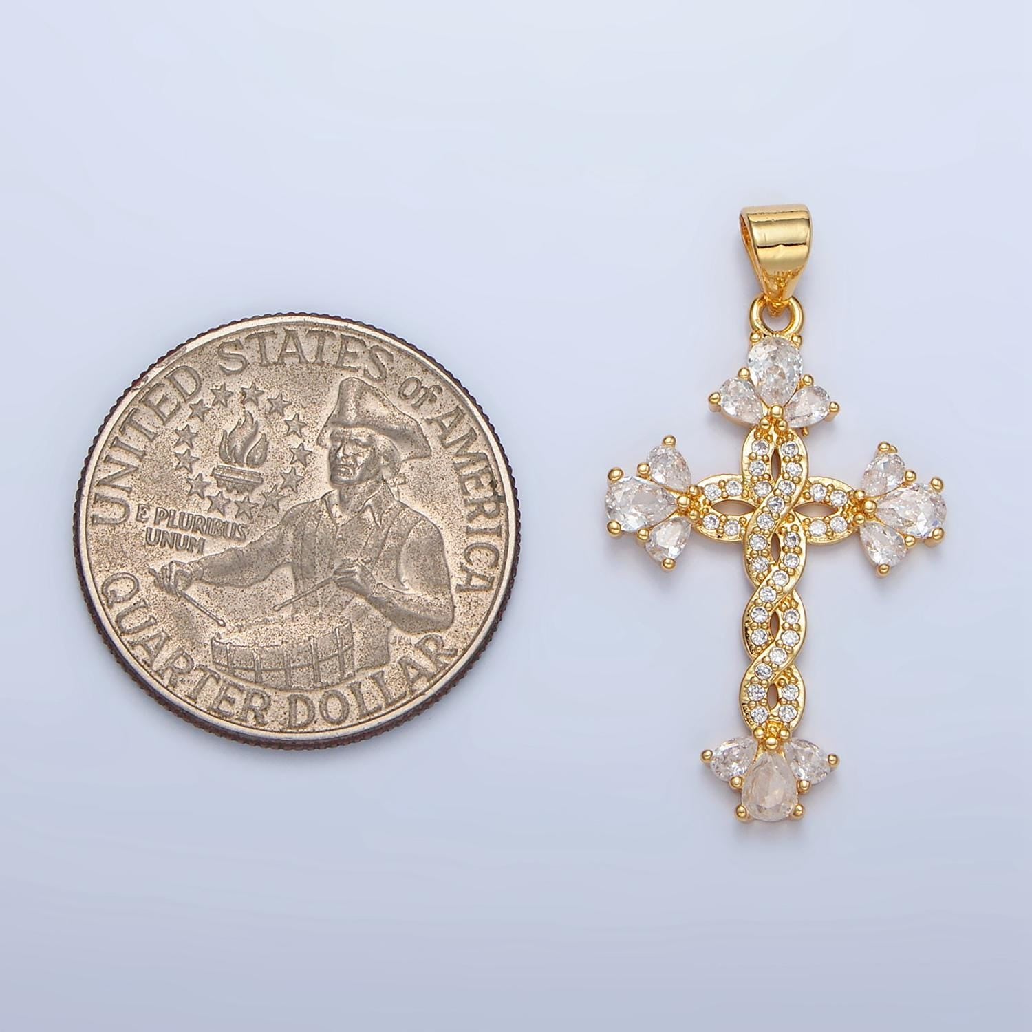 Braided CZ Gold Cross Pendant, 24K Gilled Marquise Braided Twist Micro Paved Clear CZ Cross Religious Charm AA966