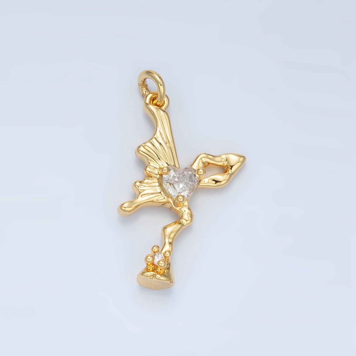 Molten Butterfly Wing Clear CZ Heart Insect Charm in Silver & Gold | E-385