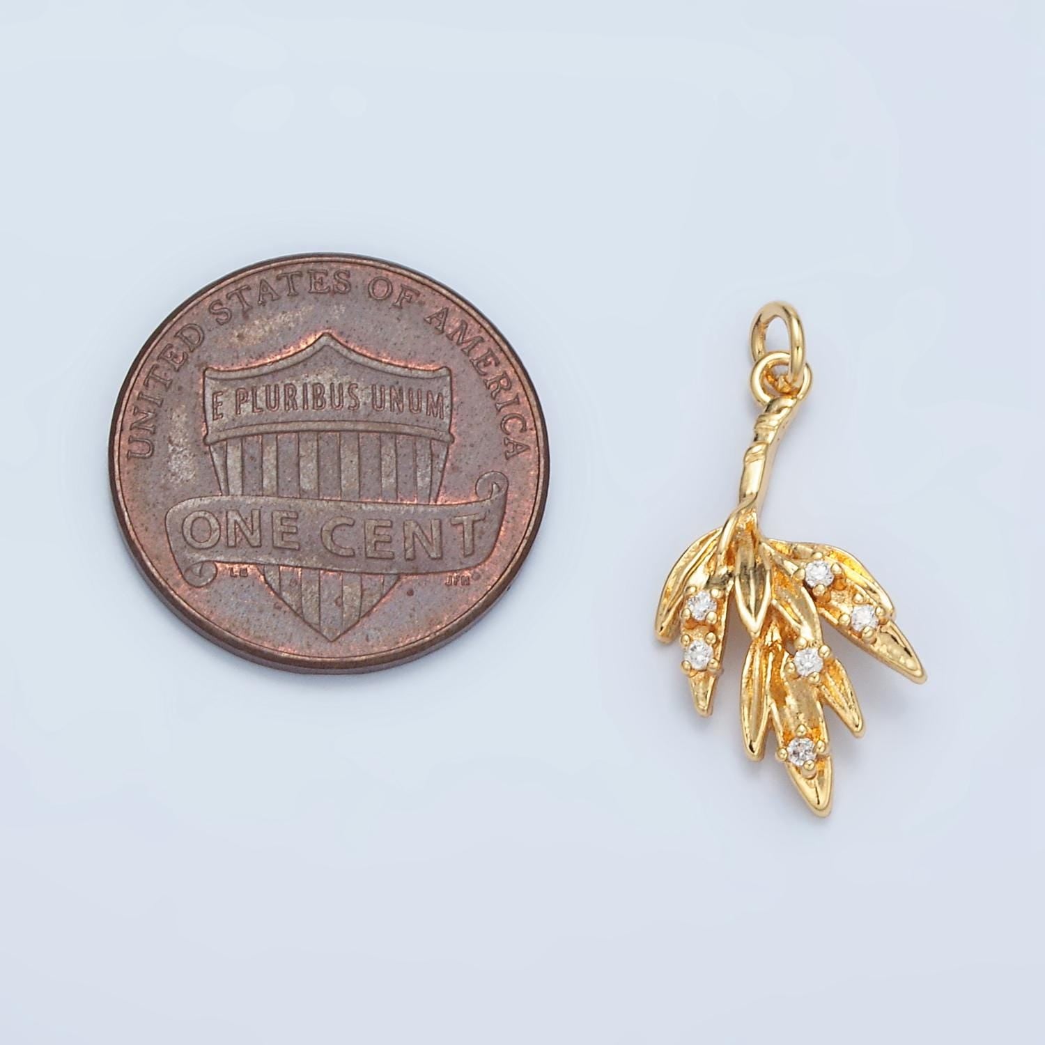 Olive Branch Leaf CZ Paved Nature 24K Gold Filled Charm Gold & Silver | E-381